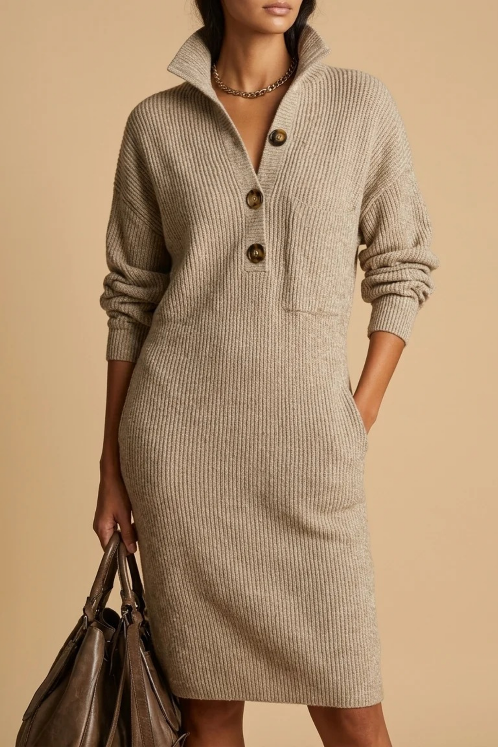 Women’s Midi Sweater Dress Button Collar Elegant Style