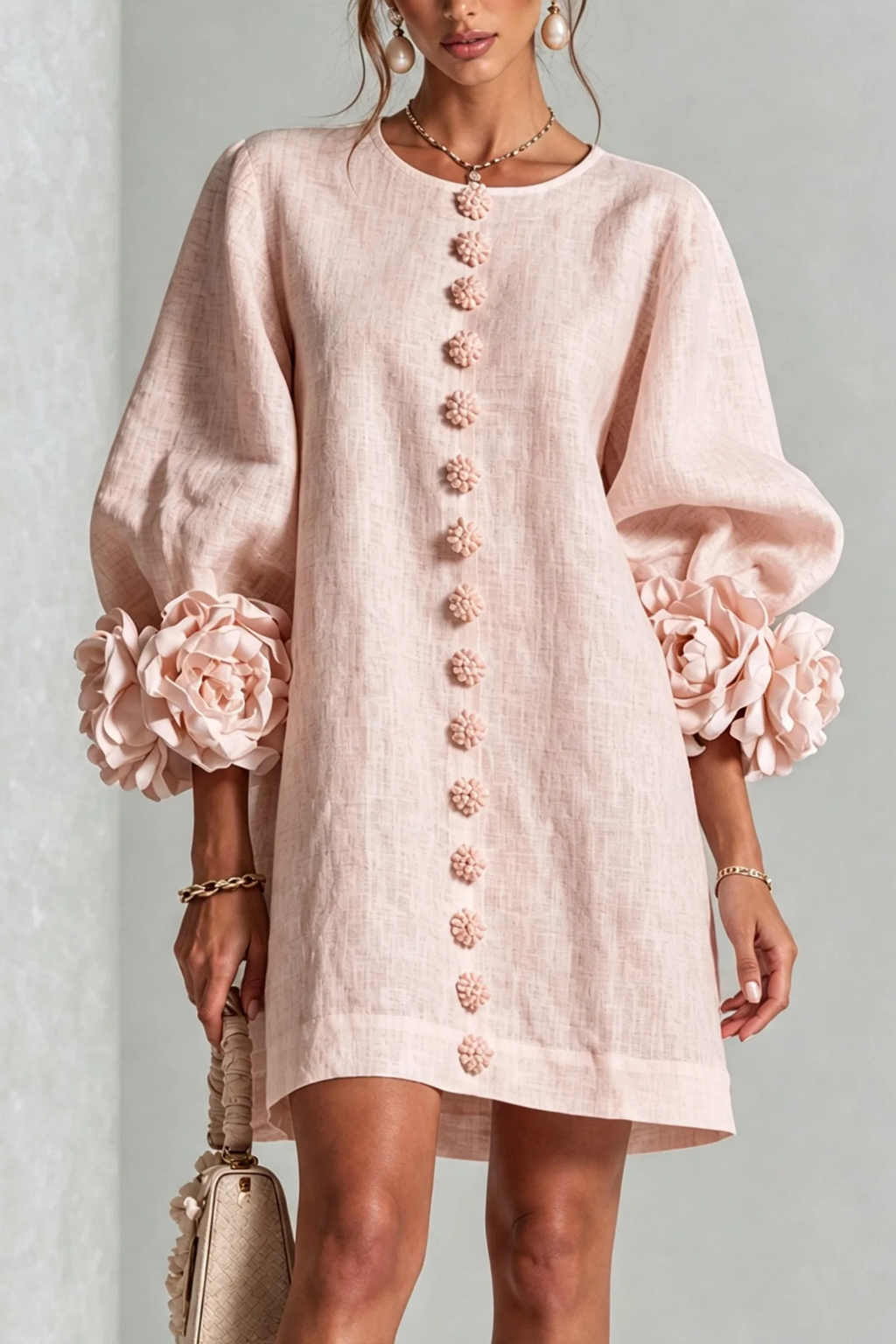 Button Detail Mini Dress Statement Sleeve Chic Style
