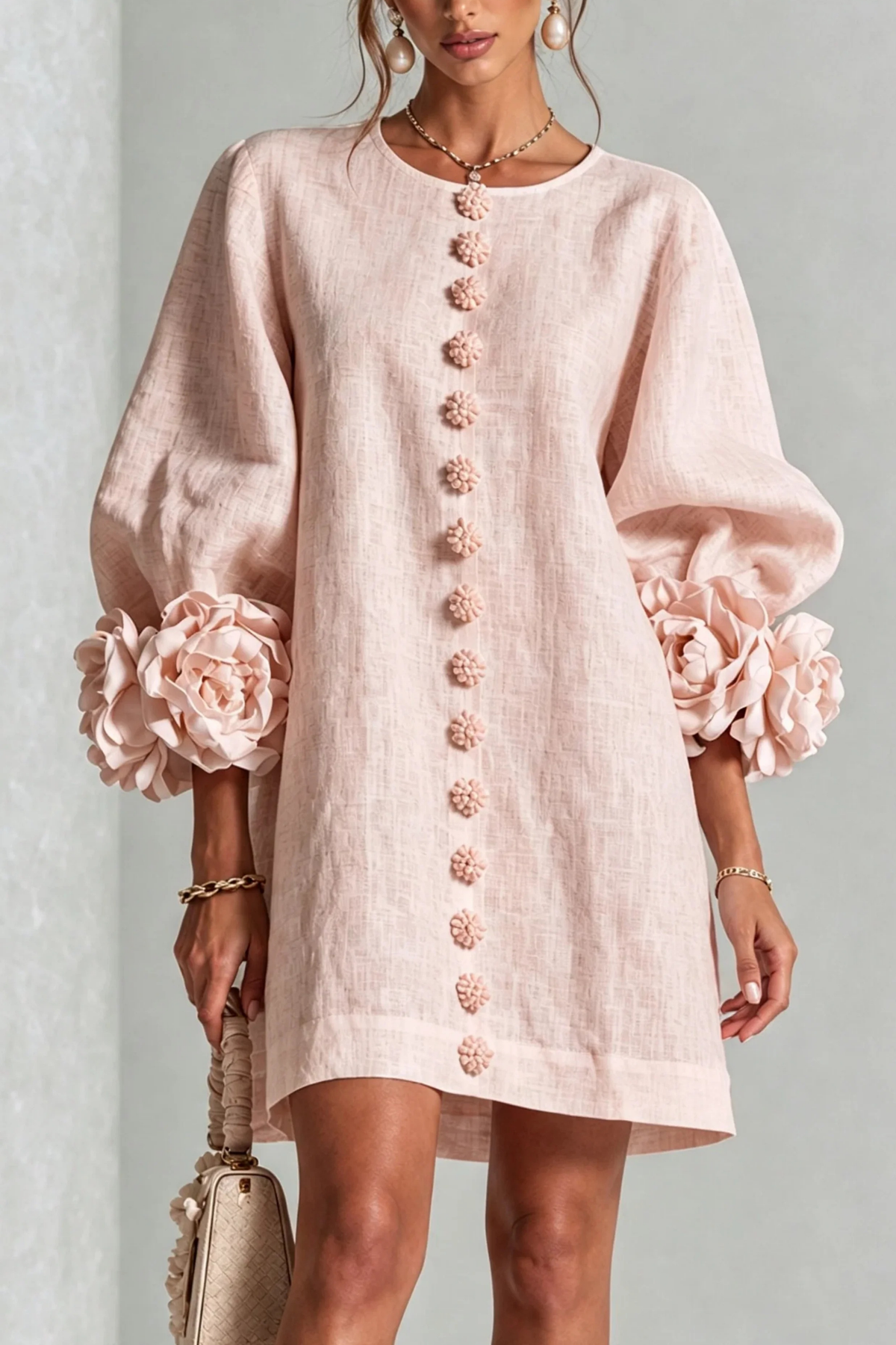 Button Detail Mini Dress Statement Sleeve Chic Style