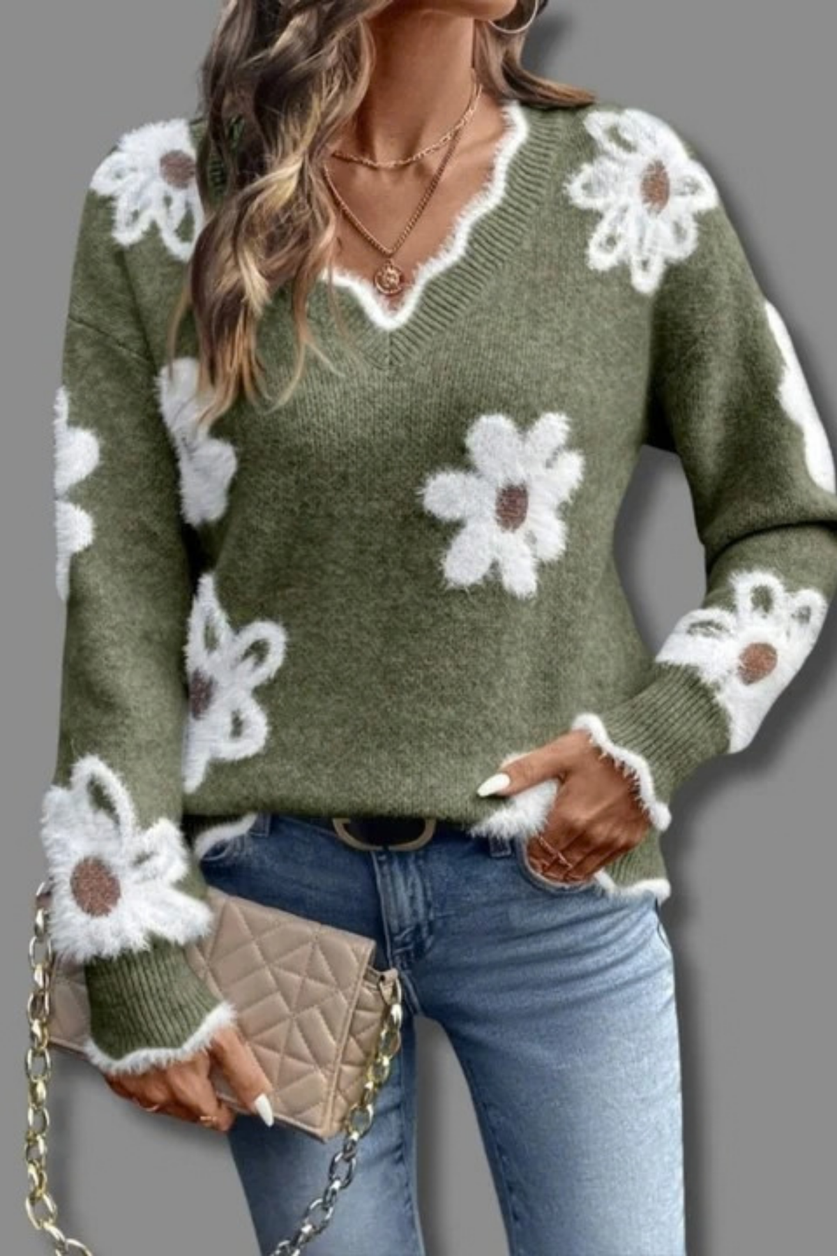 Women’s V-Neck Sweater Floral Print Casual Style