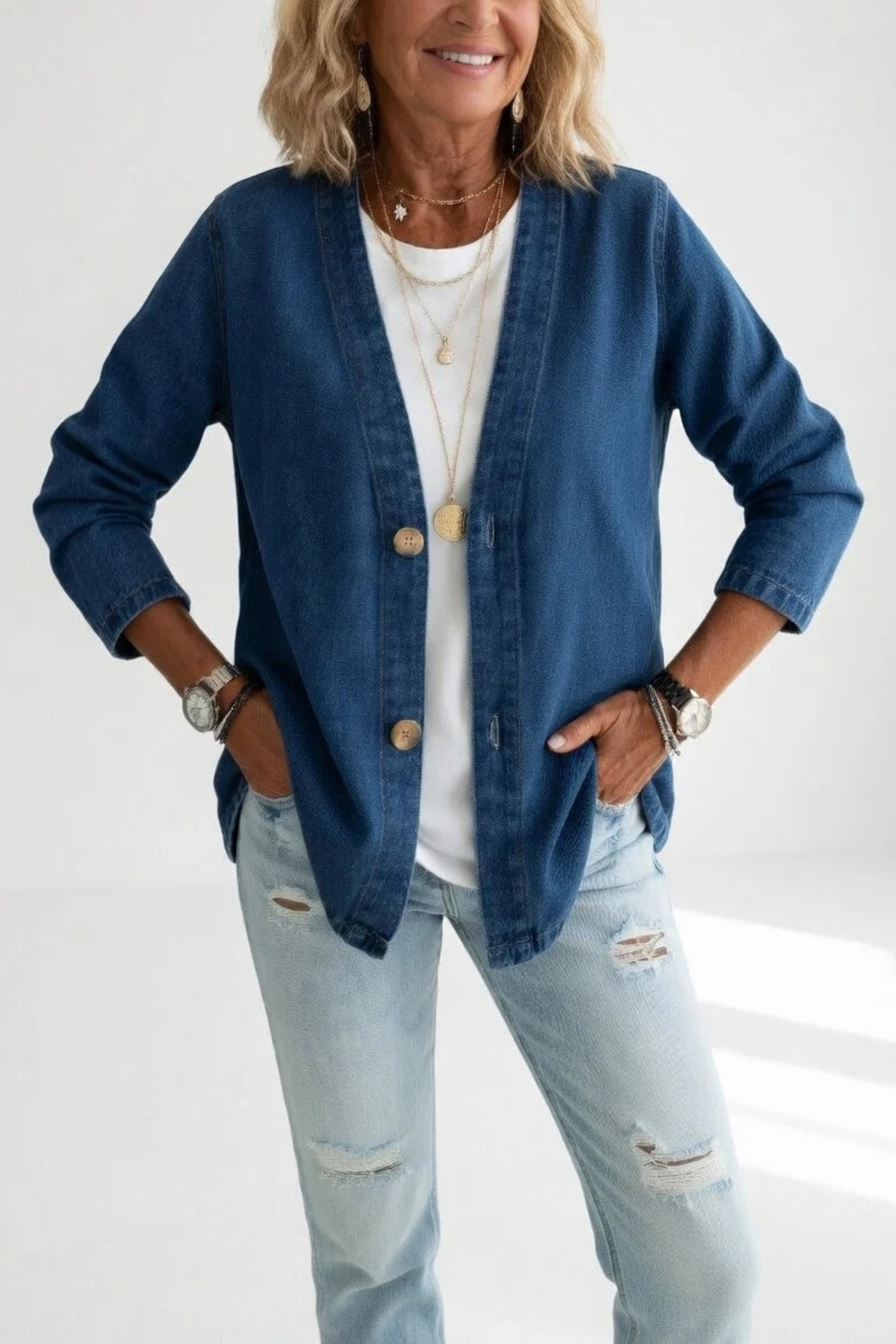 V-Neck Denim Jacket Button Detail Everyday Style