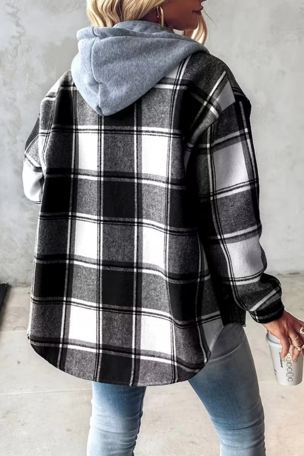 Plaid Hooded Jacket Button Front Casual Style