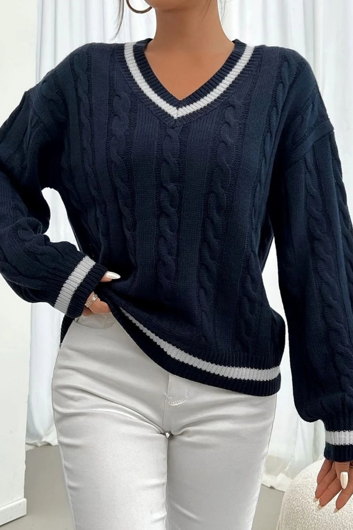 Women’s V-Neck Sweater Striped Trim Classic Style