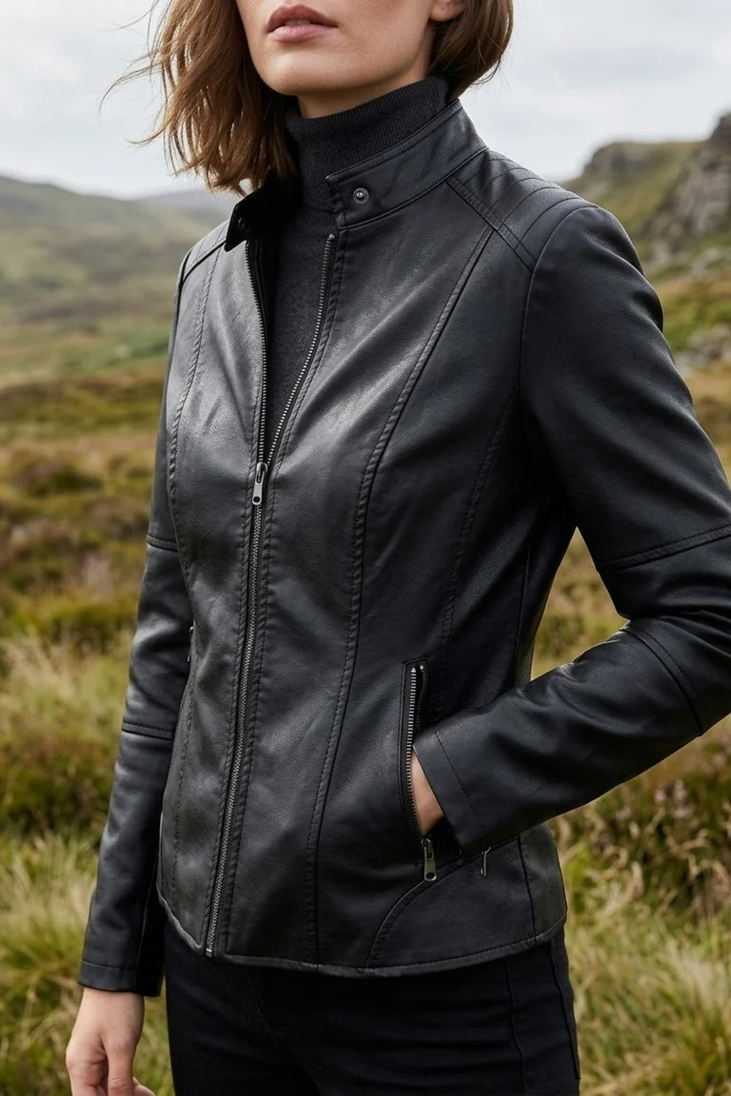 Women’s Leather Jacket Zip Front Classic Style