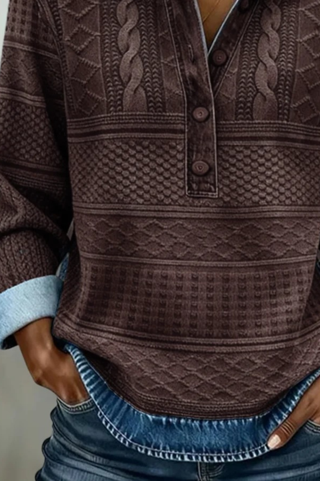 Cable Knit Sweater Button Neck Layered Casual Style