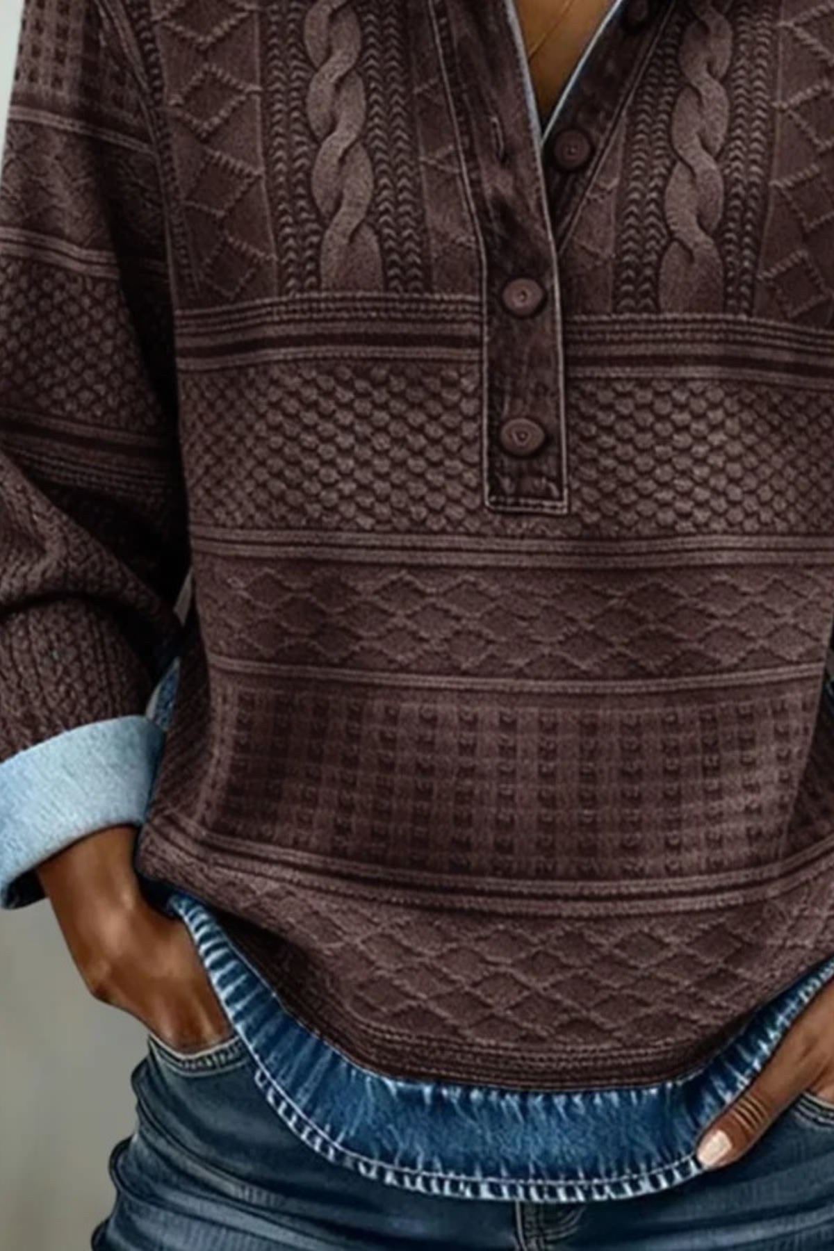 Cable Knit Sweater Button Neck Layered Casual Style