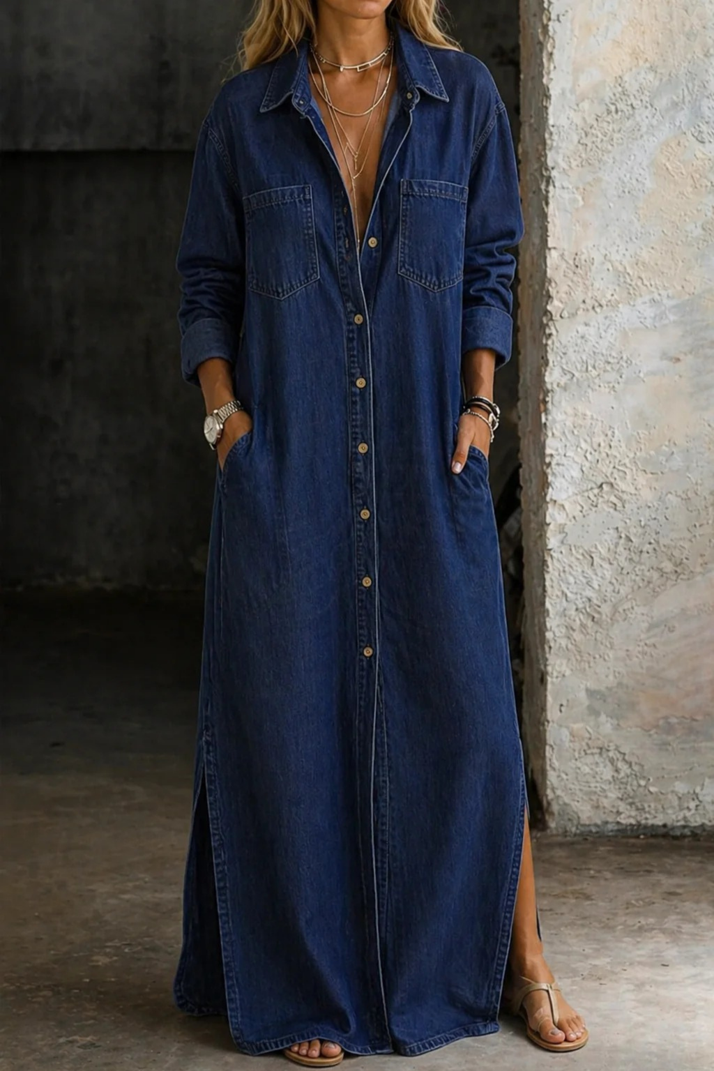 Long Denim Jumpsuit Pocket Detail Casual Style