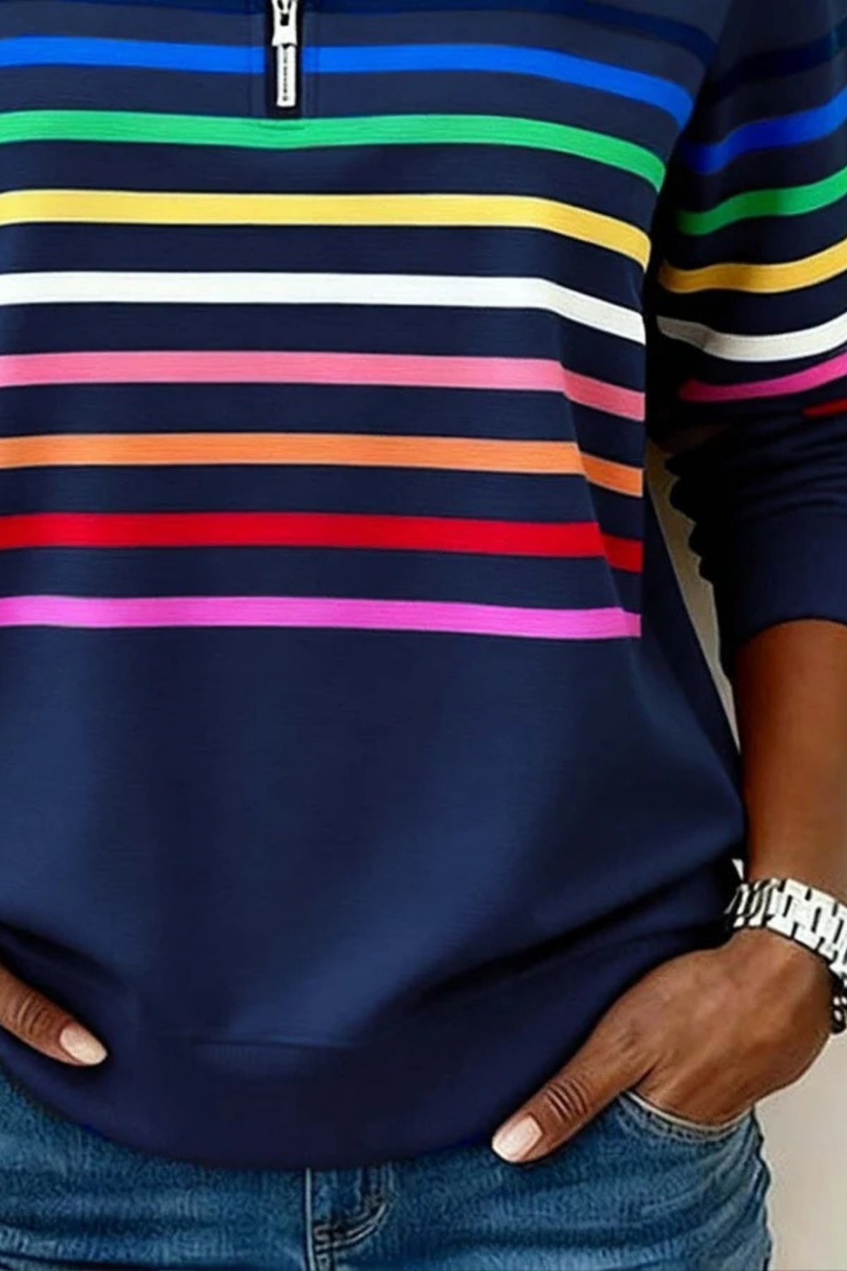 Quarter Zip Sweater Striped Casual Style