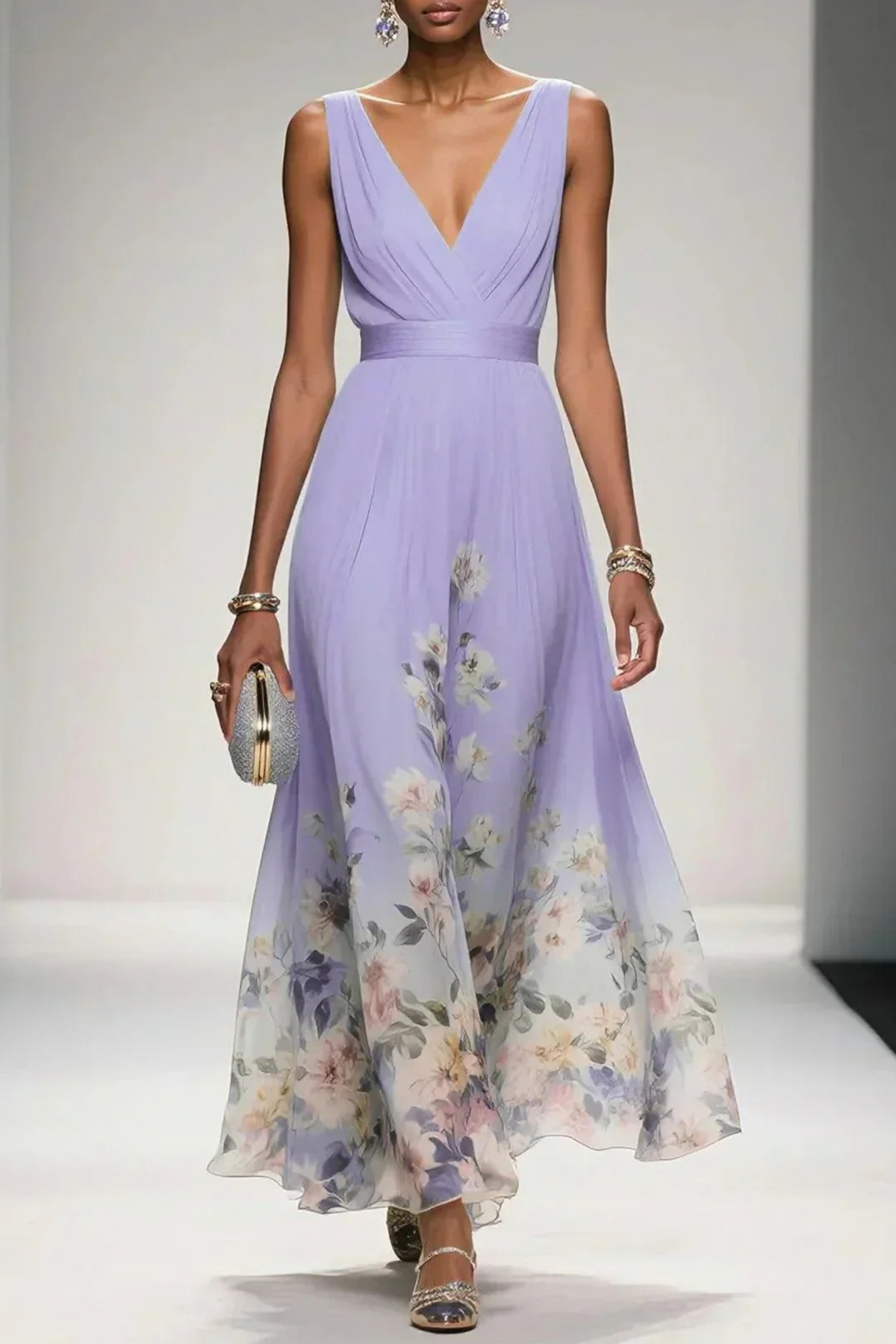 Maxi Wedding Guest Dress Floral V-Neck Elegant Style