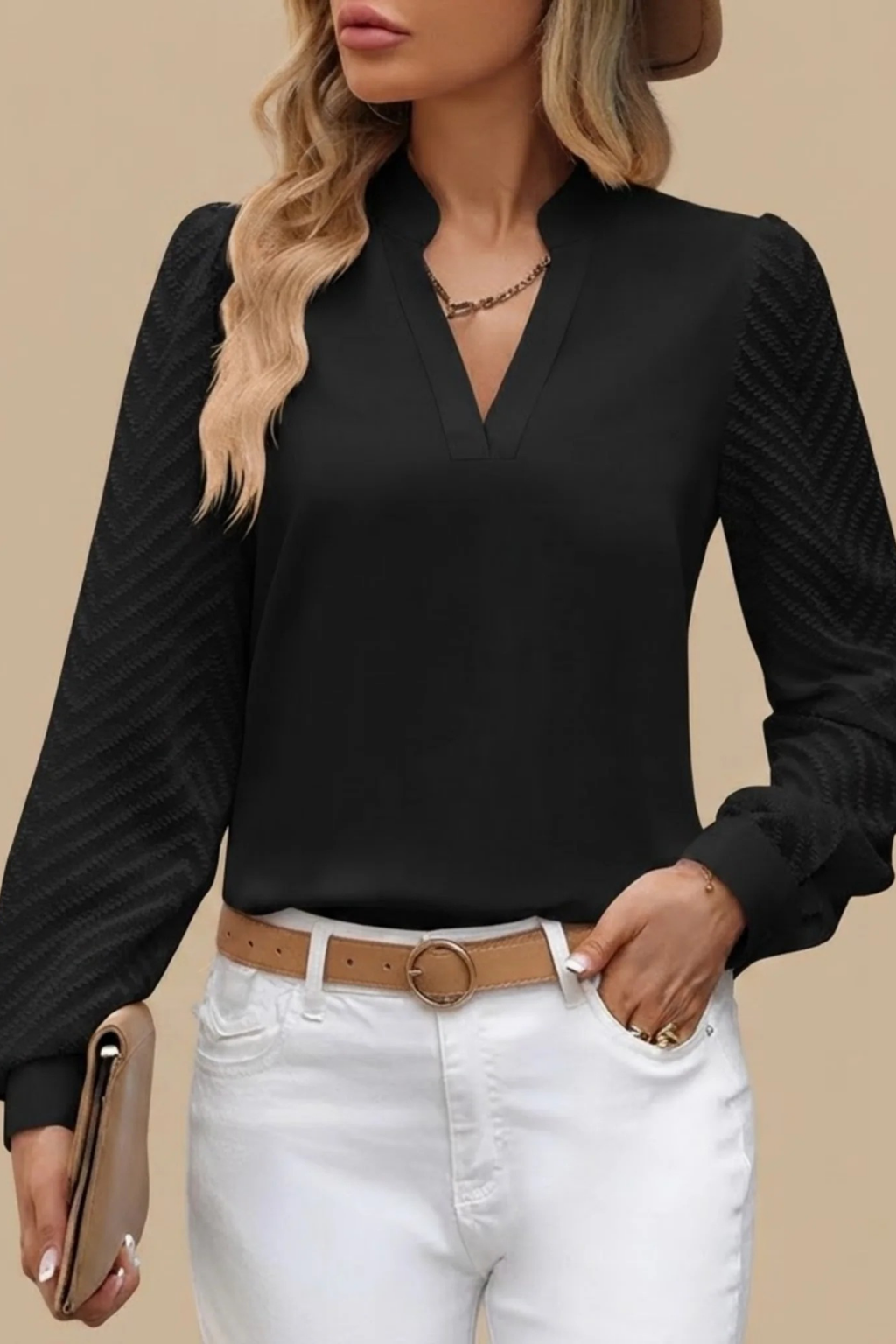 Women’s Blouse V-Neck Textured Sleeve Elegant Style