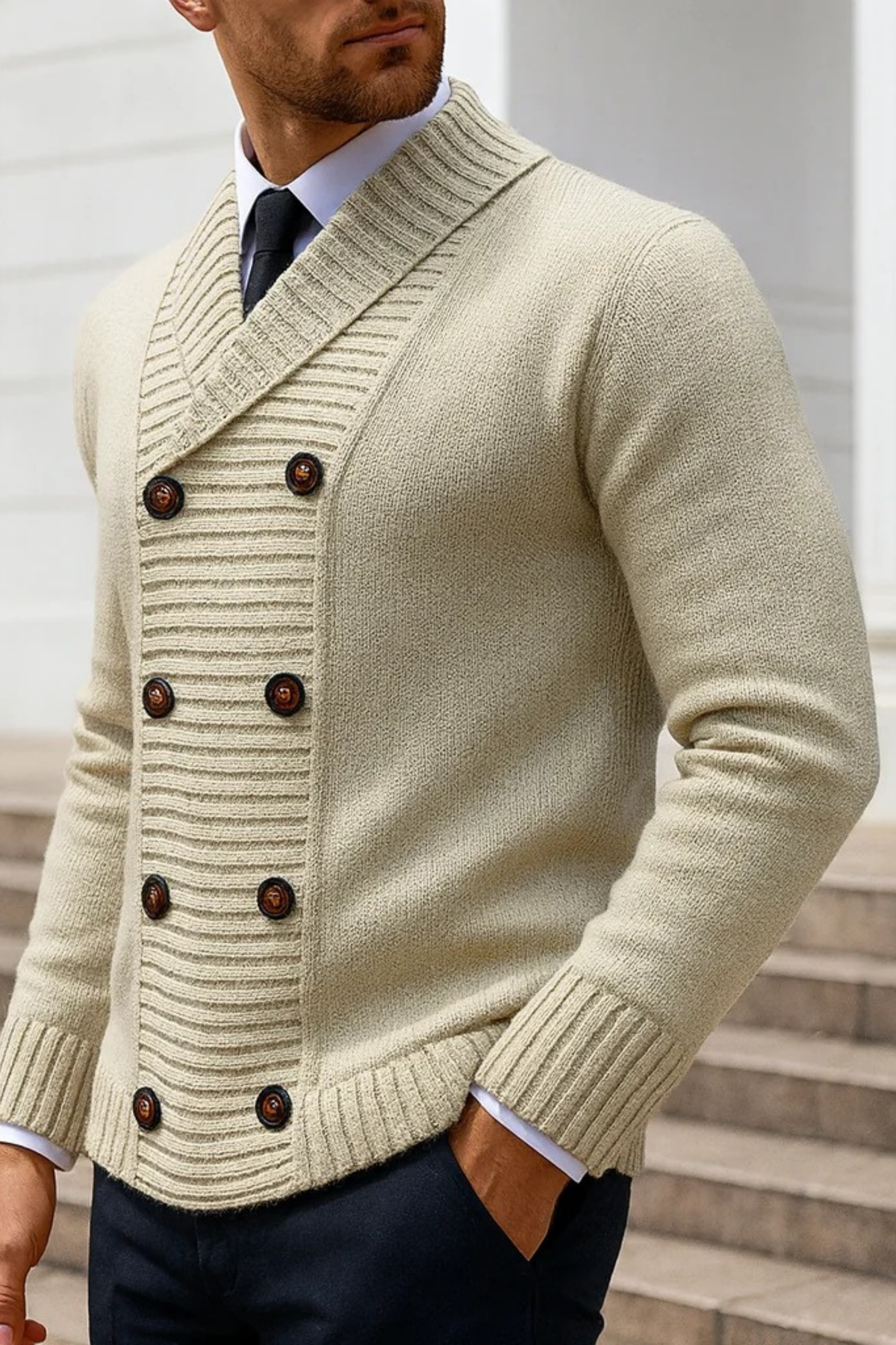 Double Breasted Knit Cardigan Smart Casual Style