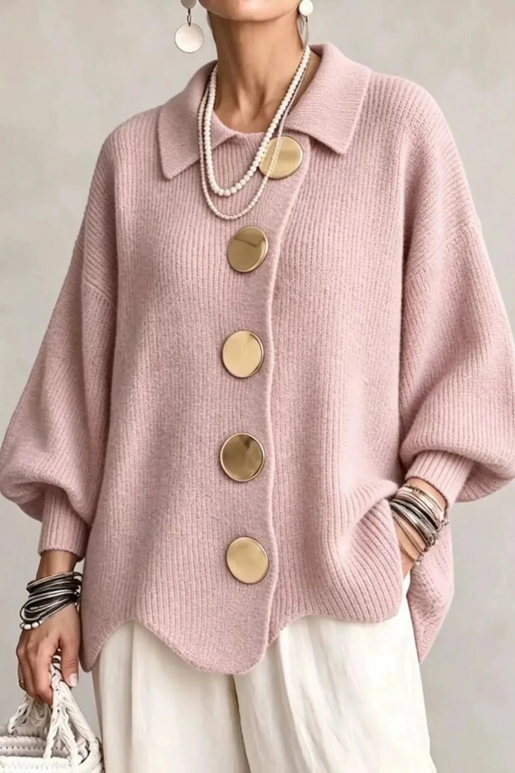 Oversized Cardigan Large Button Elegant Style