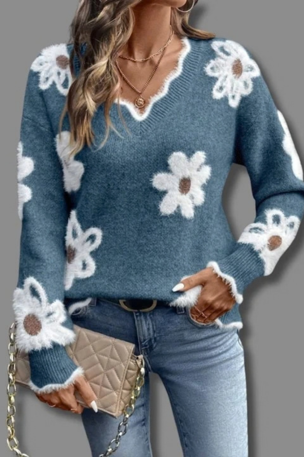 Women’s V-Neck Sweater Floral Print Casual Style