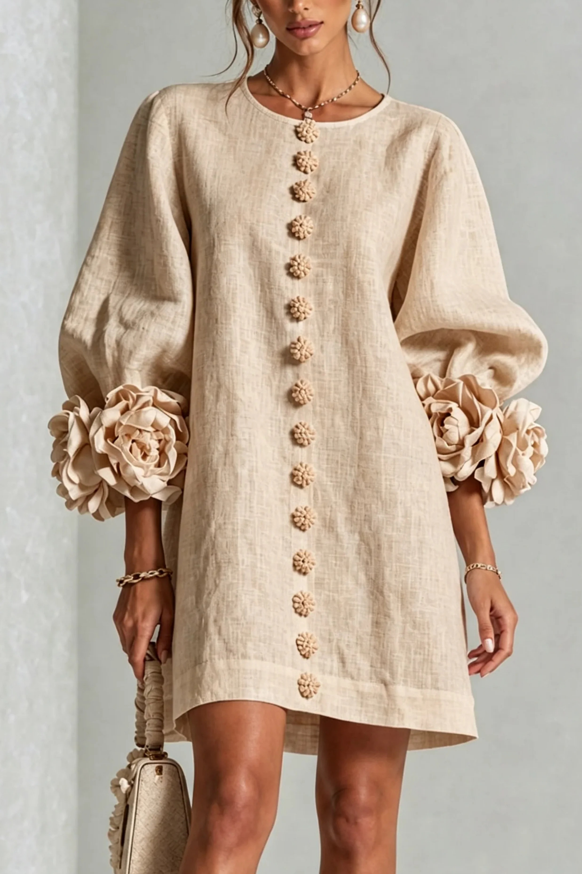 Button Detail Mini Dress Statement Sleeve Chic Style