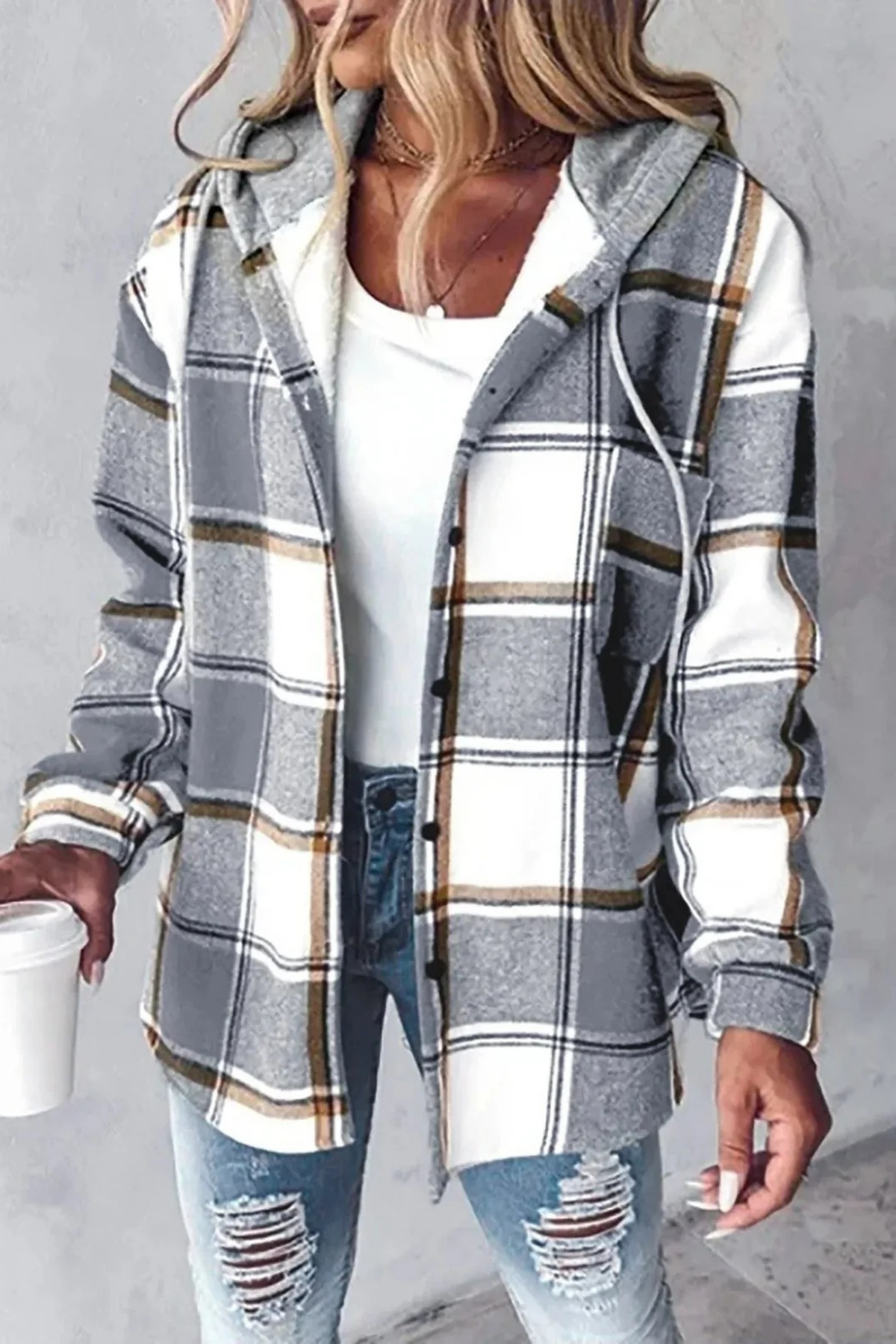 Plaid Hooded Jacket Button Front Casual Style