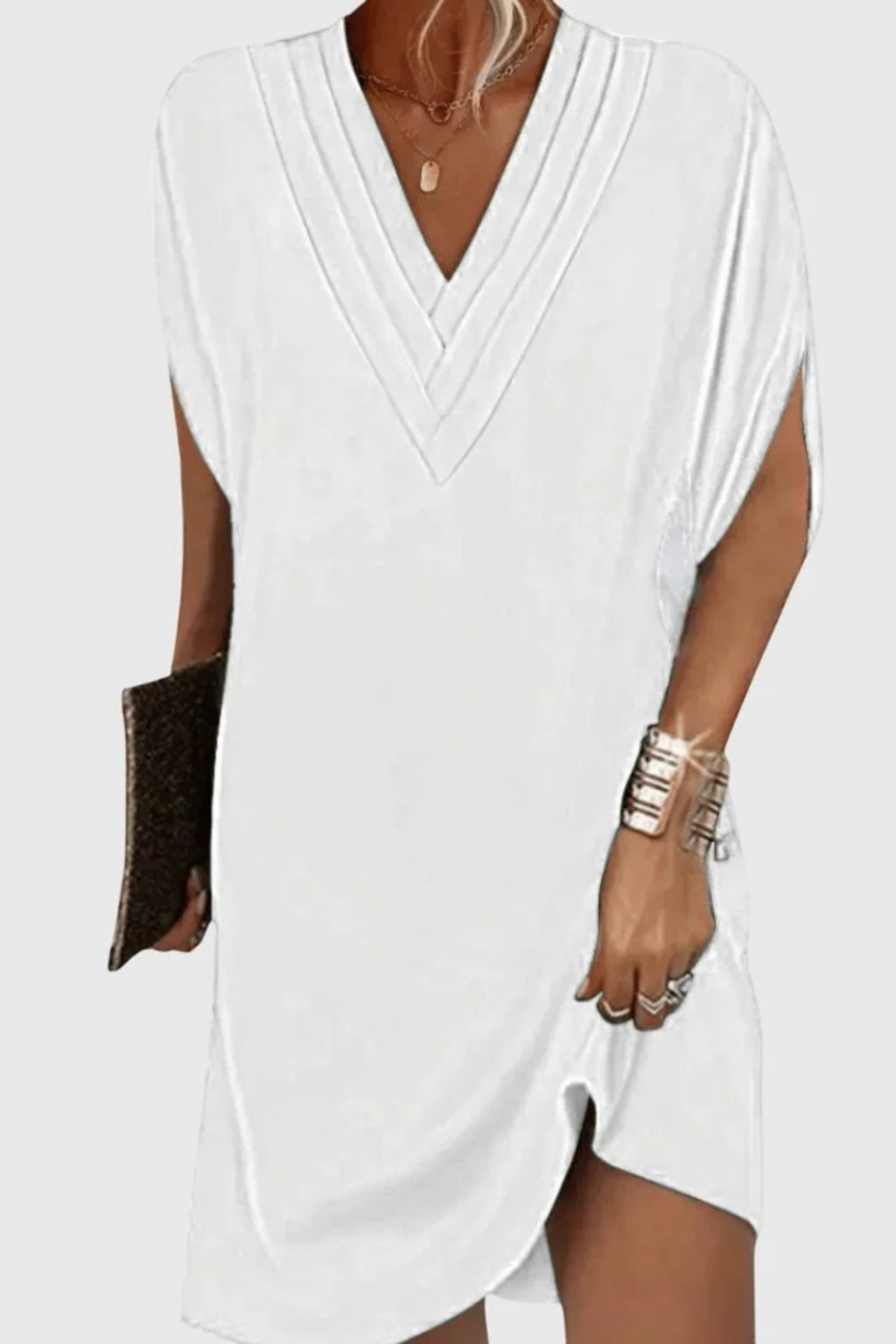 V-Neck Shift Midi Dress Modern Casual Style