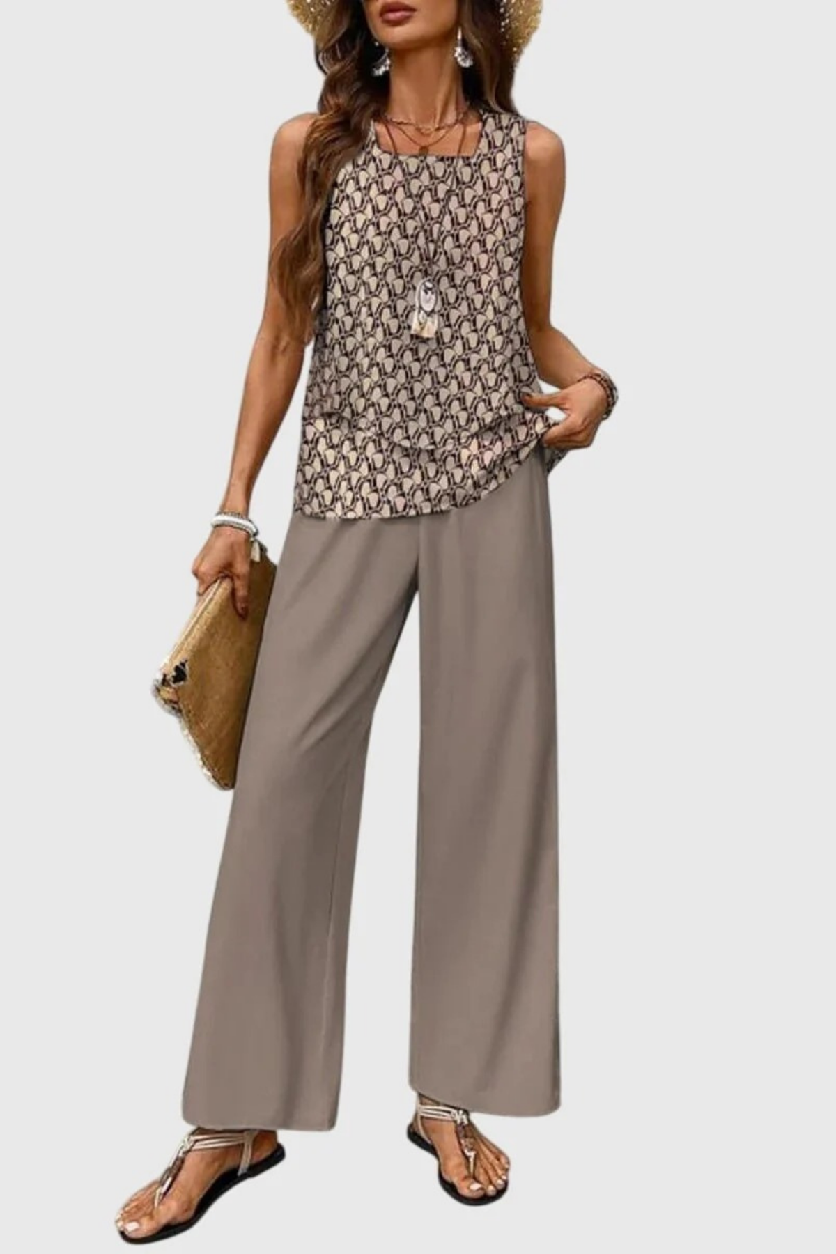 Sleeveless Top Pants Set Botanical Print Casual Style
