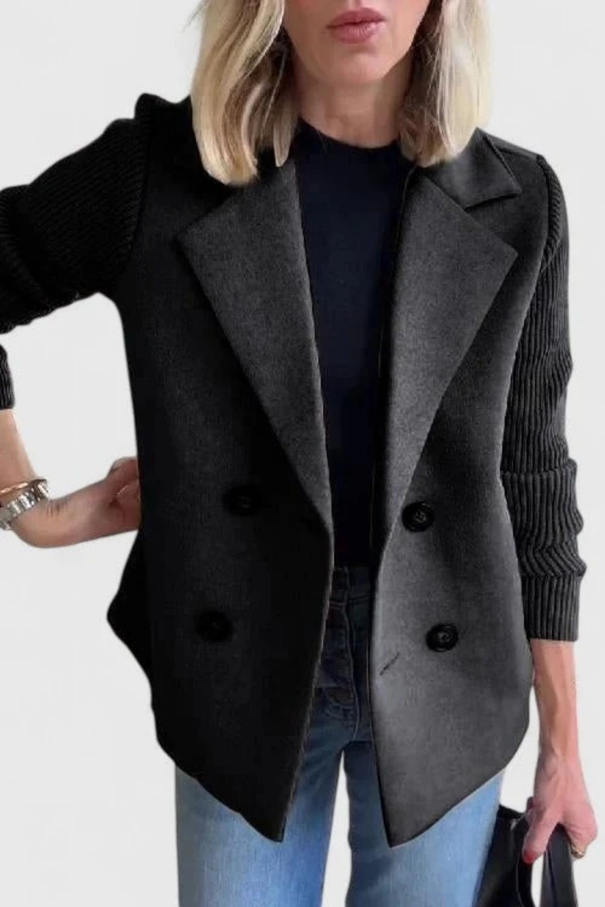 Double Breasted Blazer Knit Sleeve Elegant Style