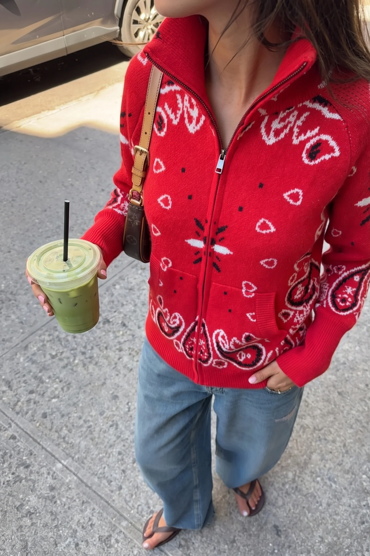 Zip Up Sweater High Neck Paisley Casual Style