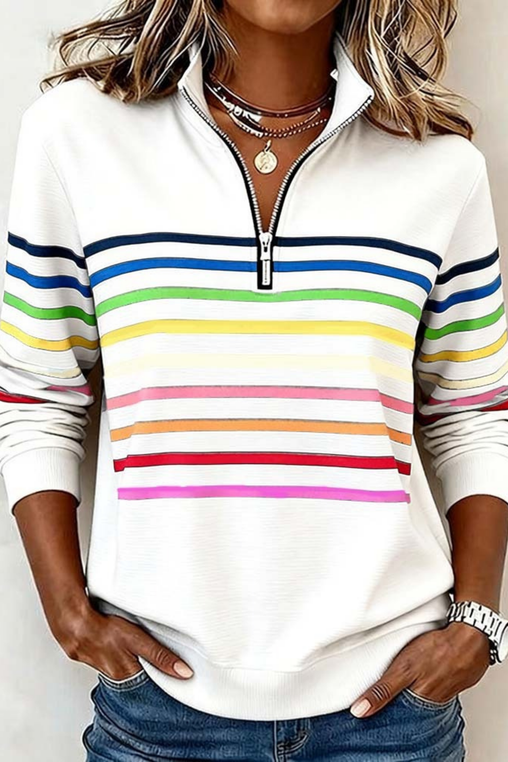 Quarter Zip Sweater Striped Casual Style