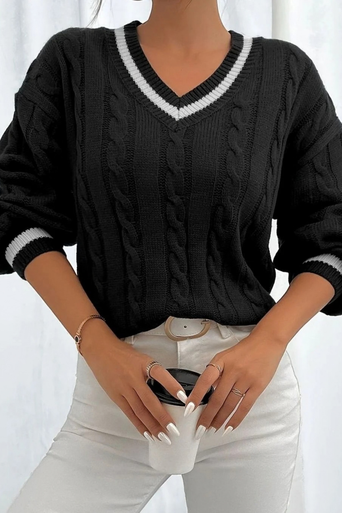 Women’s V-Neck Sweater Striped Trim Classic Style