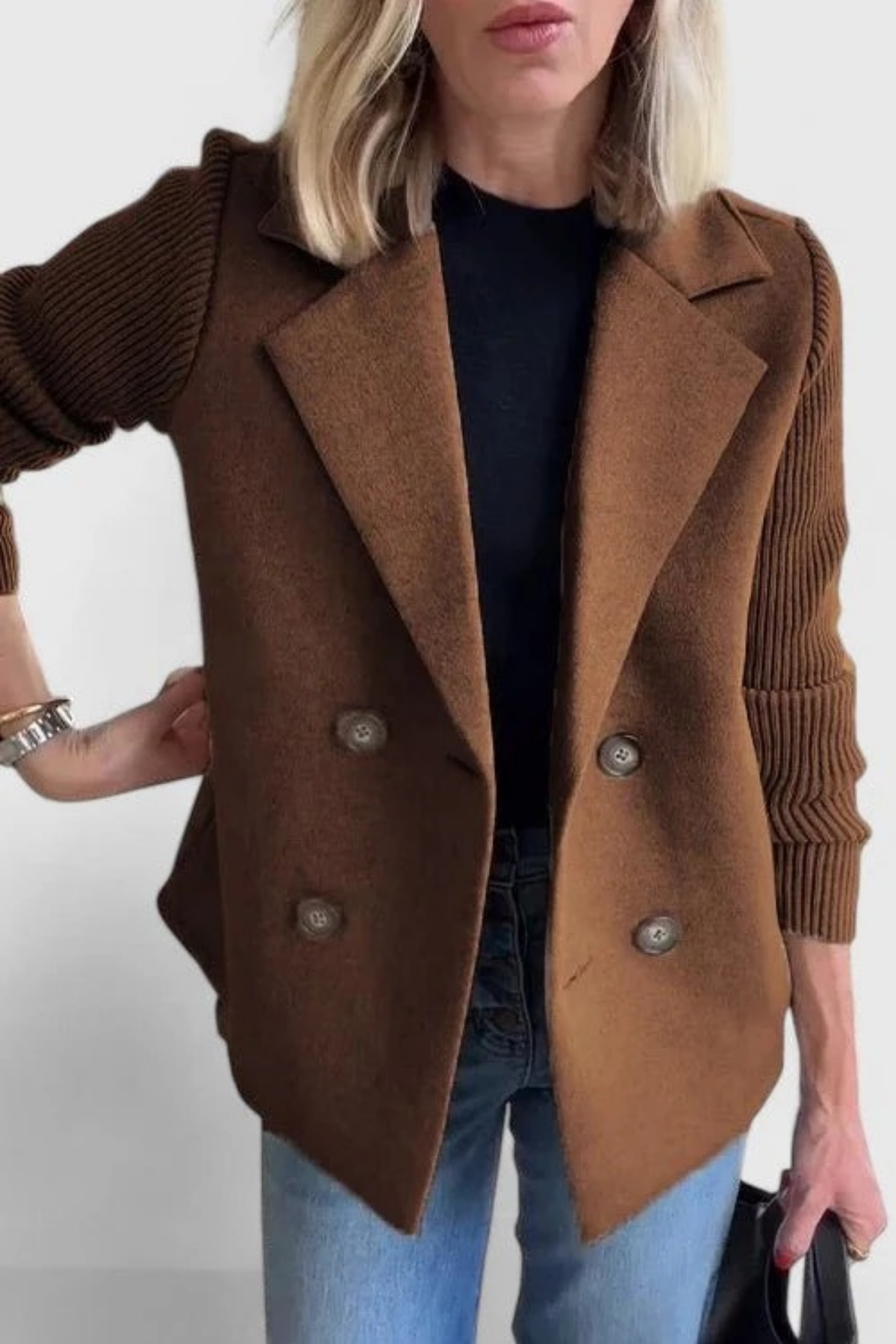 Double Breasted Blazer Knit Sleeve Elegant Style