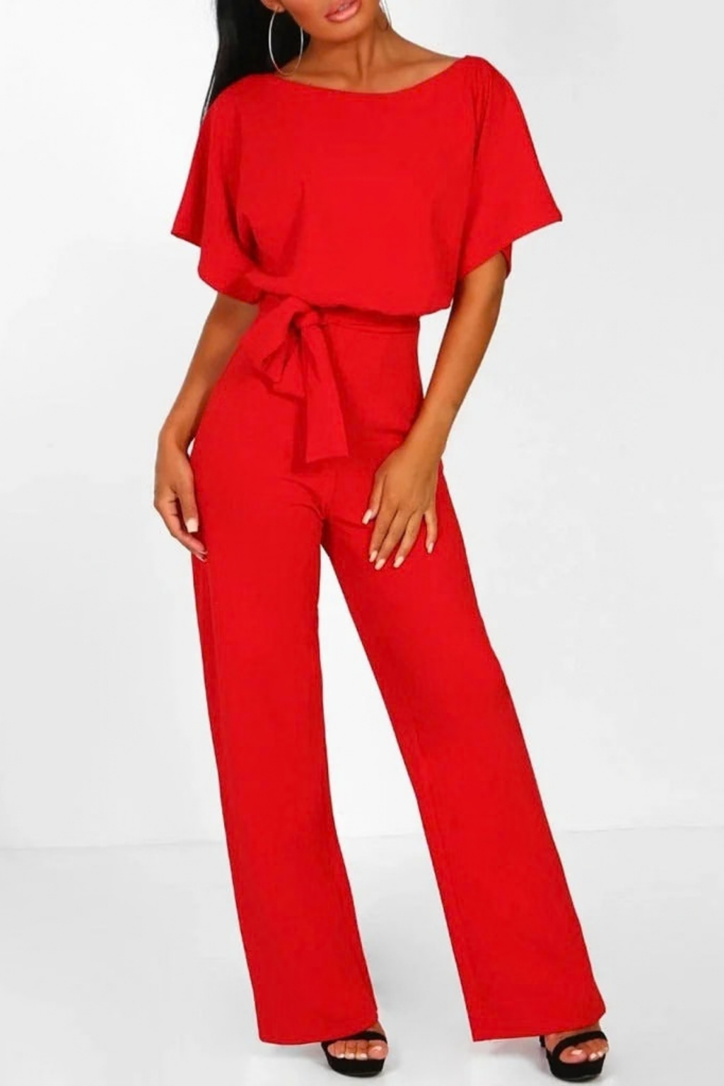 Women’s Boat Neck Jumpsuit Belted Waist Chic Style
