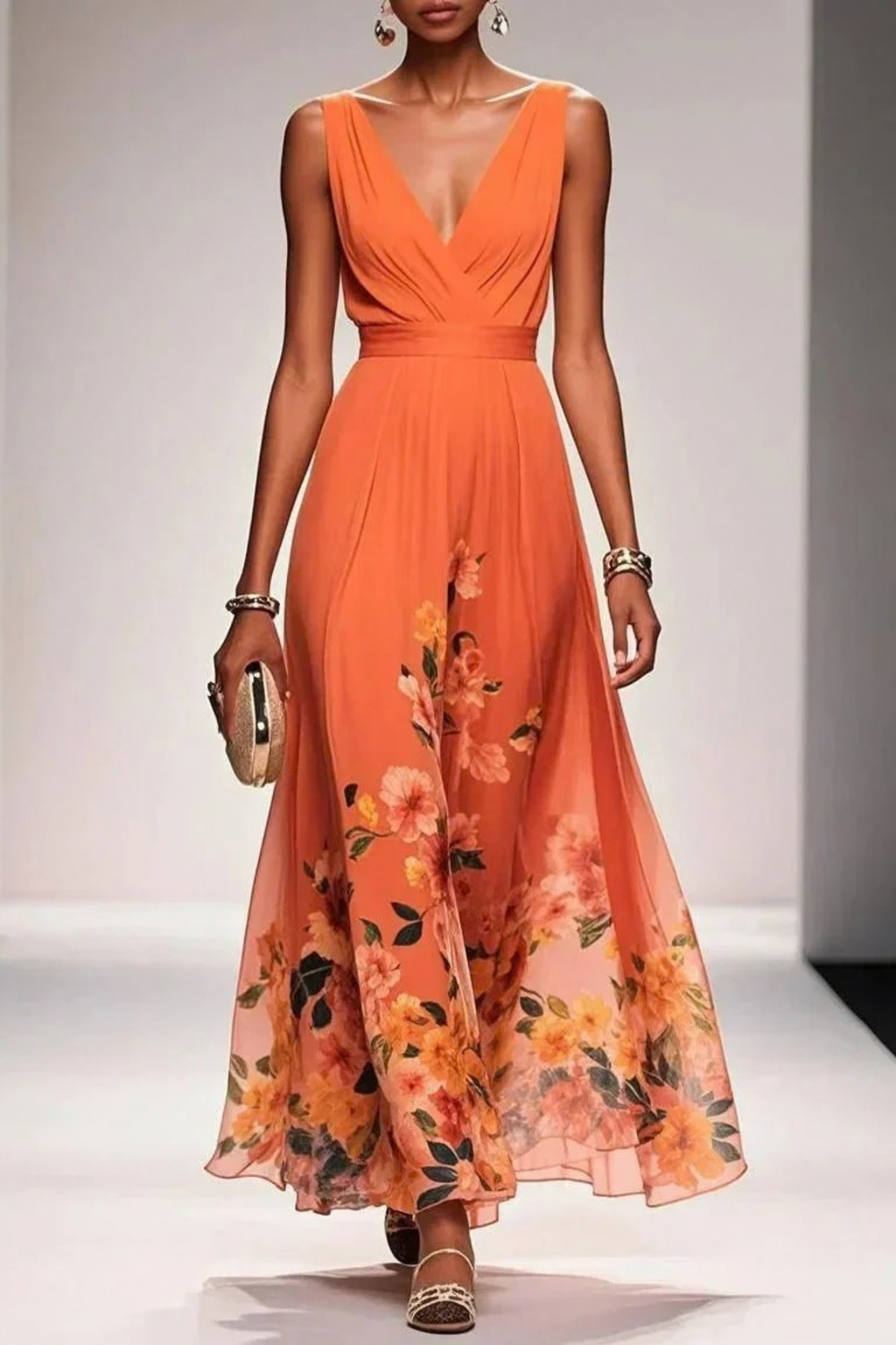 Maxi Wedding Guest Dress Floral V-Neck Elegant Style