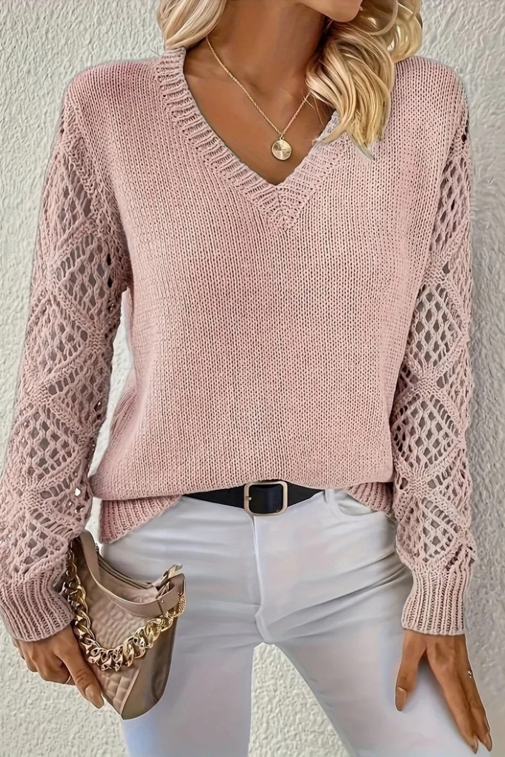 Women’s V-Neck Sweater Open Knit Sleeve Casual Style