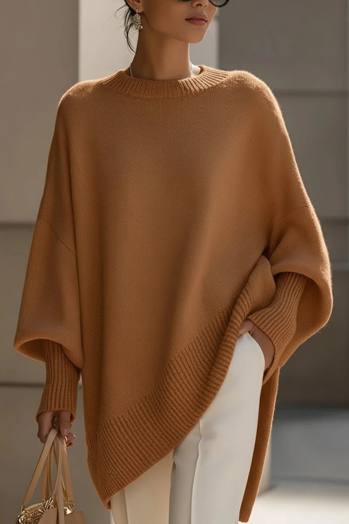 Oversized Knit Sweater Asymmetric Hem Elegant Style
