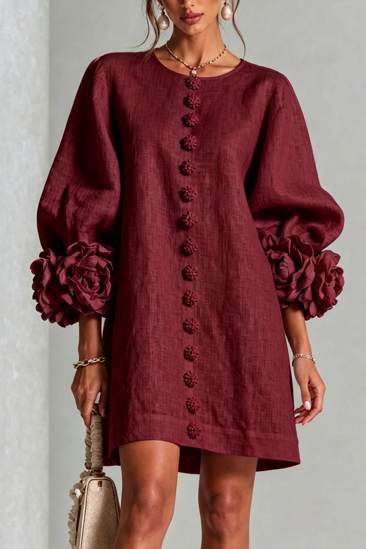 Button Detail Mini Dress Statement Sleeve Chic Style