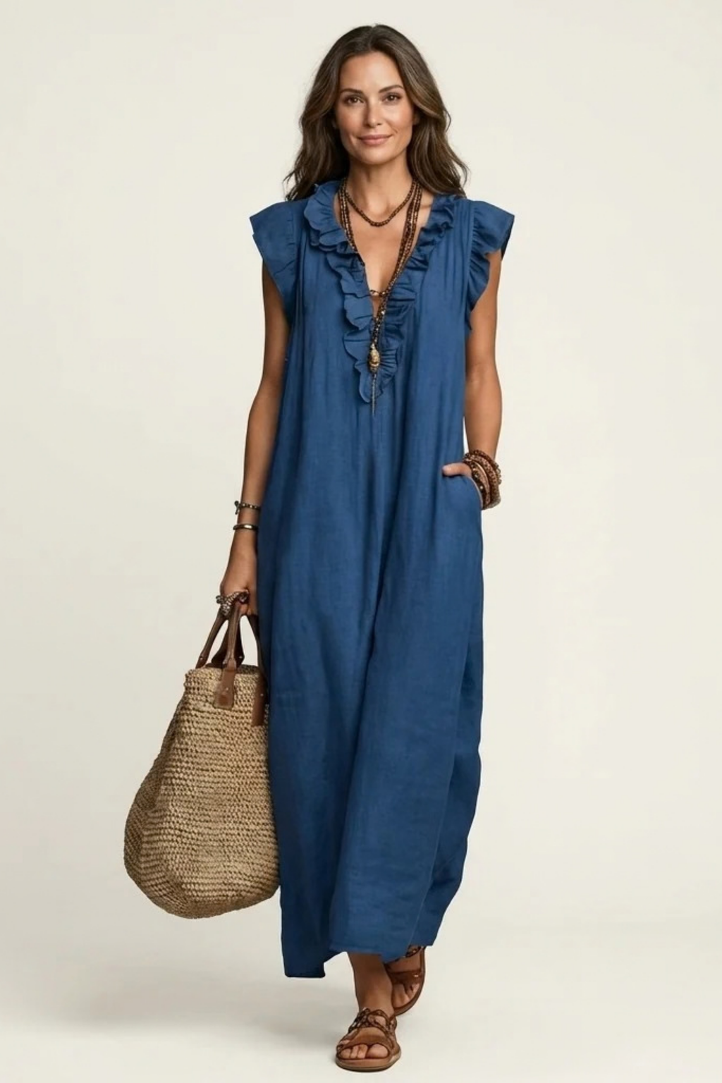 Maxi Dress Ruffle V Neck Relaxed Style