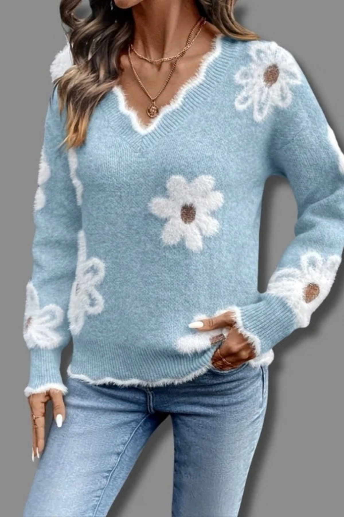 Women’s V-Neck Sweater Floral Print Casual Style