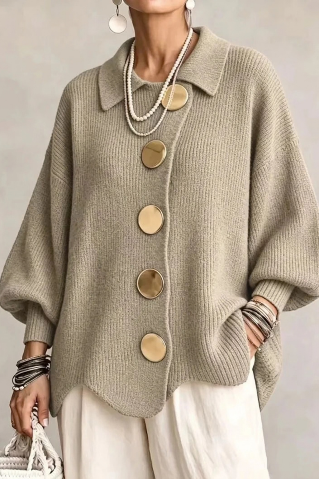 Oversized Cardigan Large Button Elegant Style