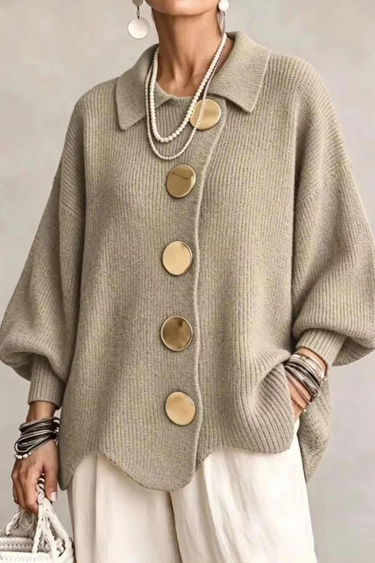 Oversized Cardigan Large Button Elegant Style
