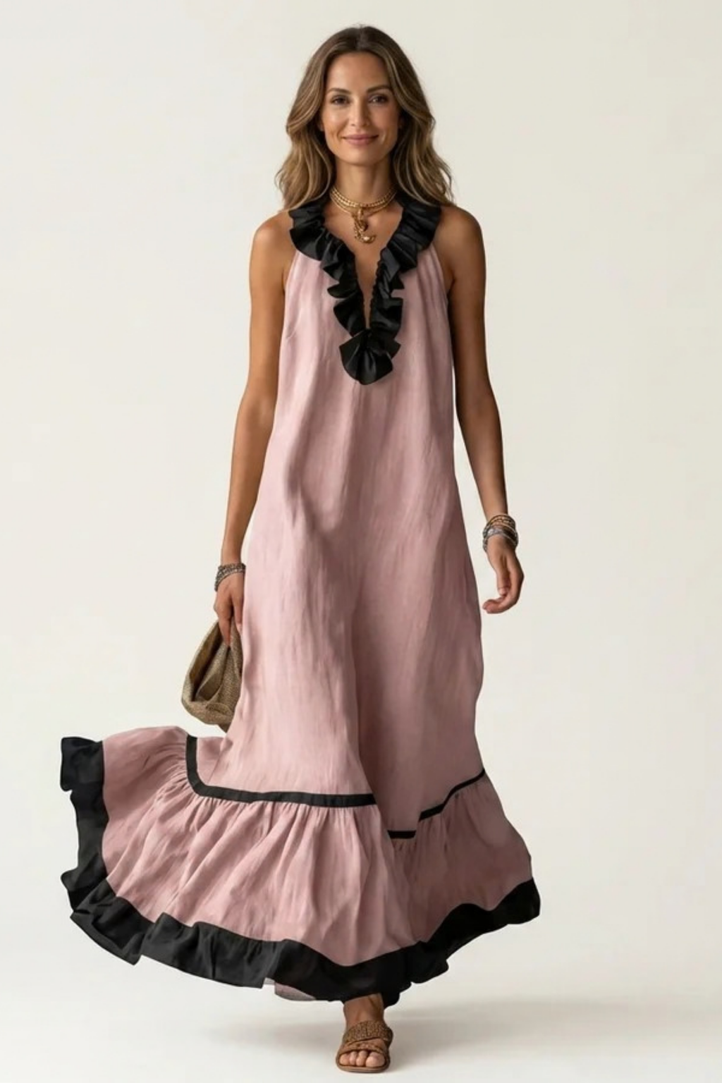 Maxi Dress Ruffle Neck Flowy Bohemian Style