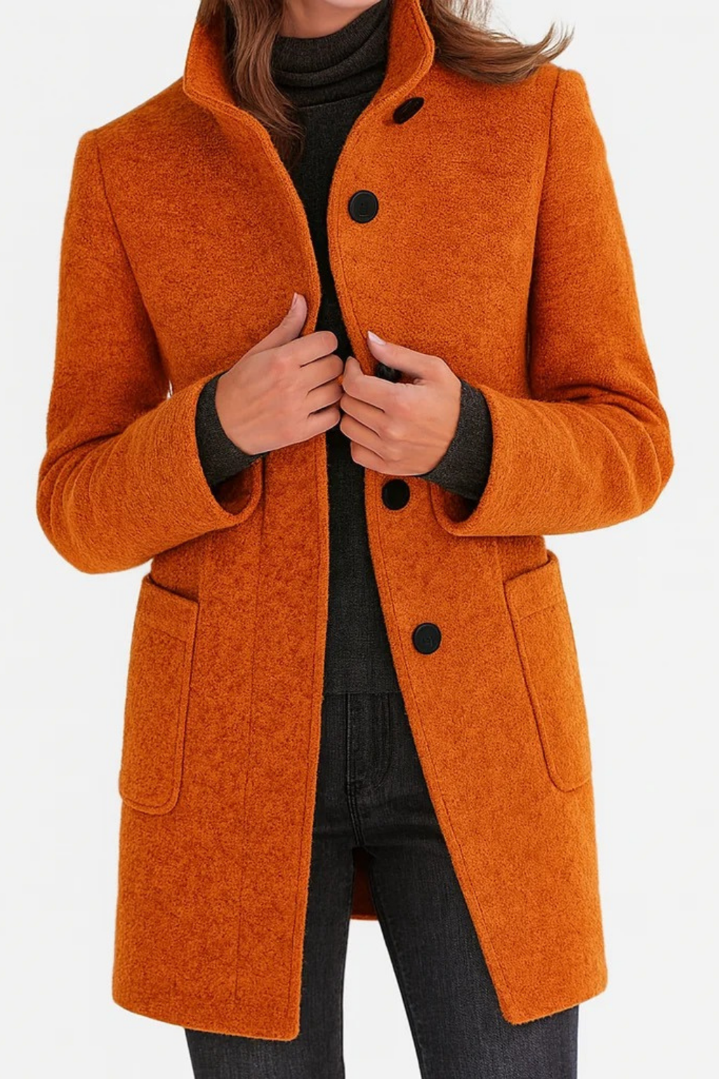 Stand Collar Coat Button Front Elegant Style