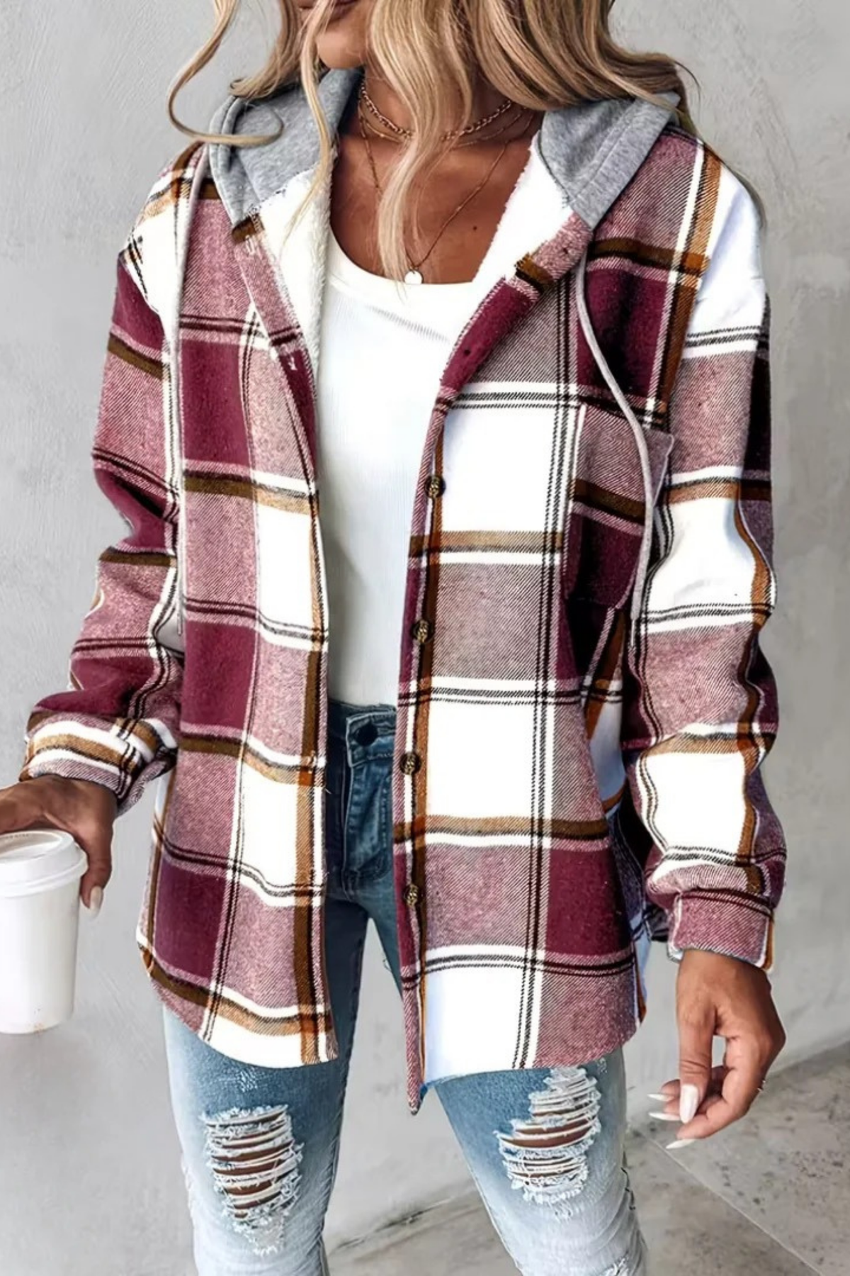 Plaid Hooded Jacket Button Front Casual Style