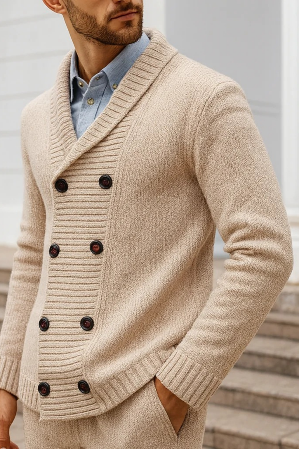 Double Breasted Knit Cardigan Smart Casual Style