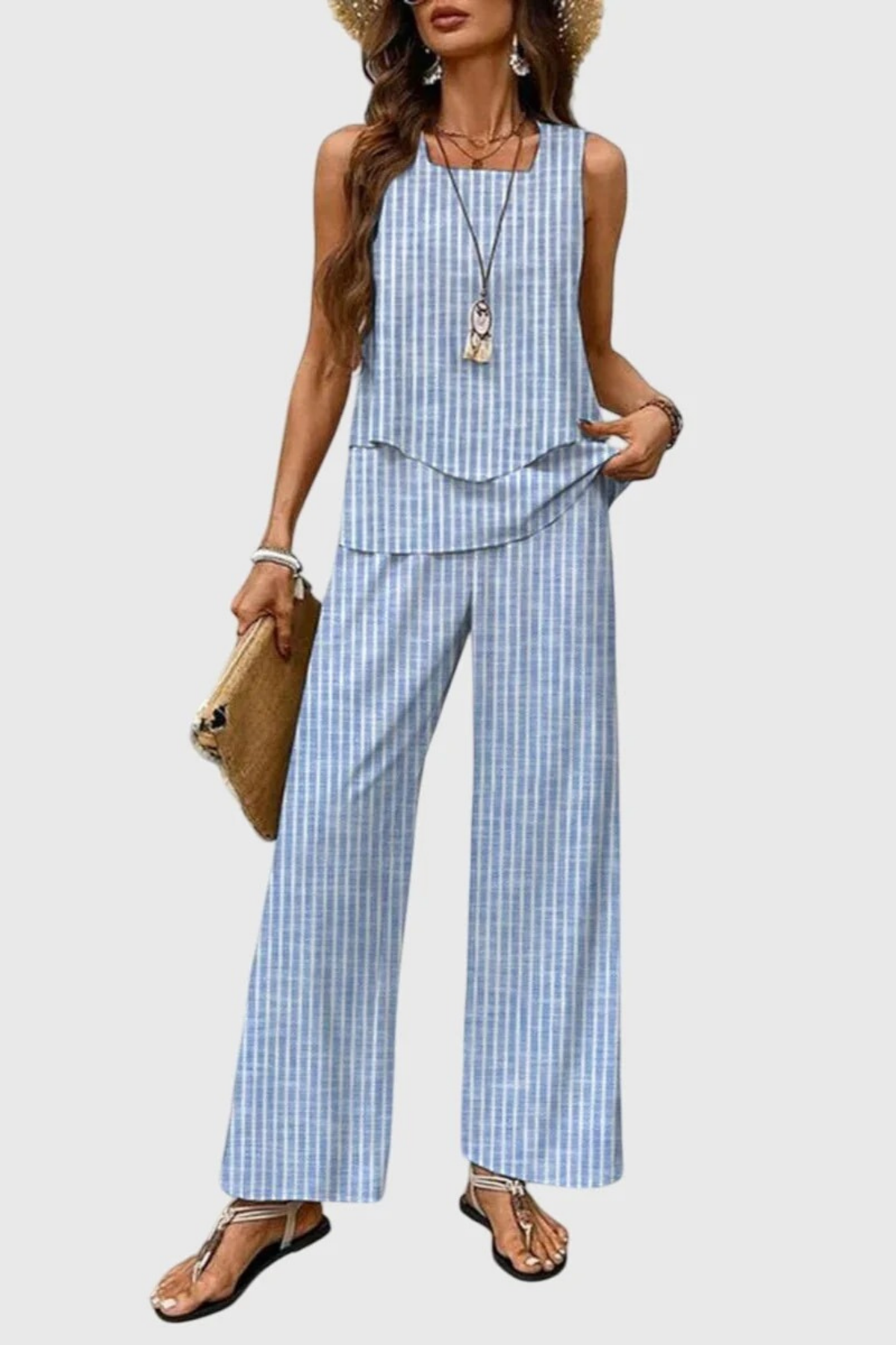 Sleeveless Top Pants Set Botanical Print Casual Style