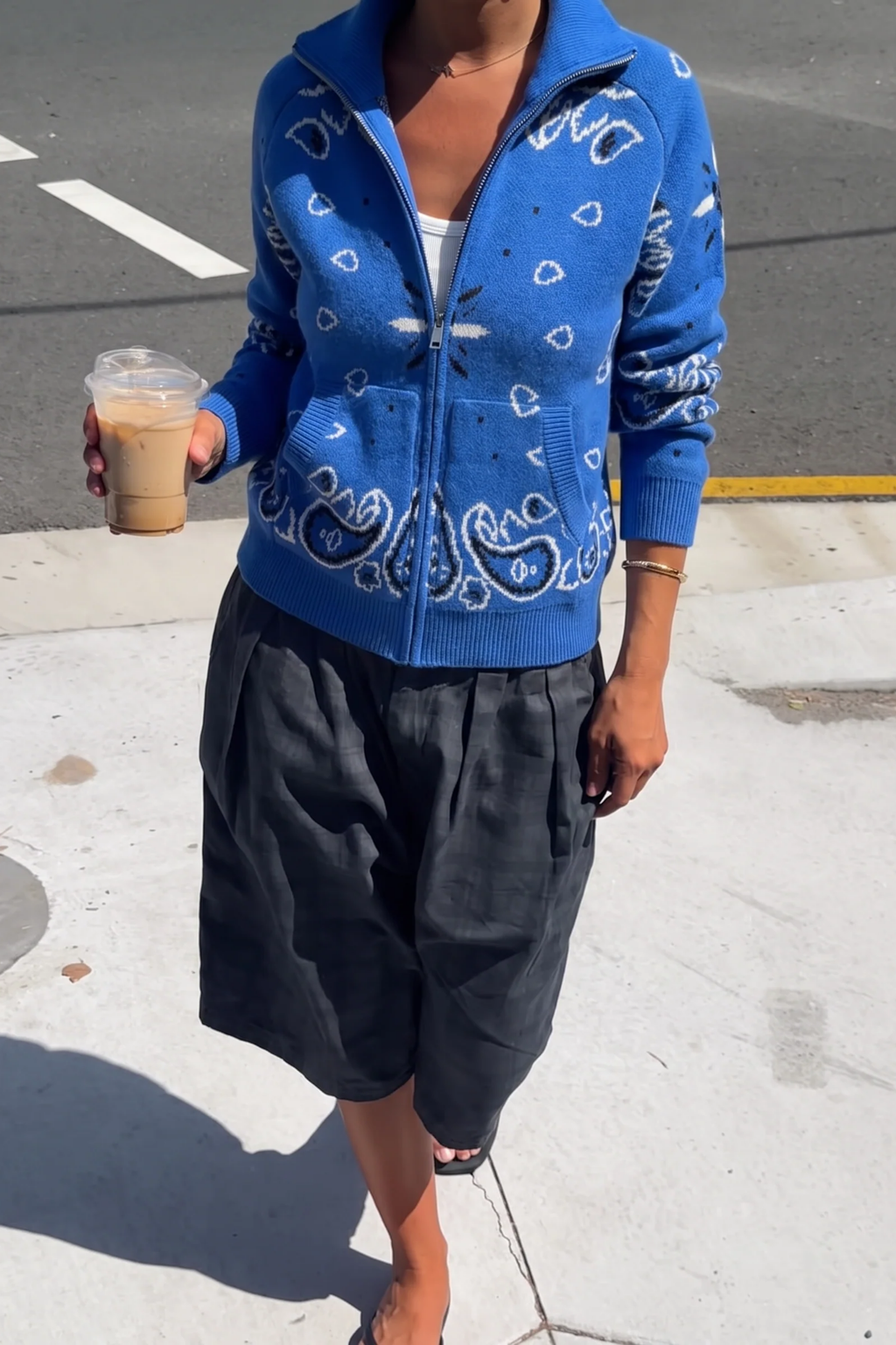 Zip Up Sweater High Neck Paisley Casual Style