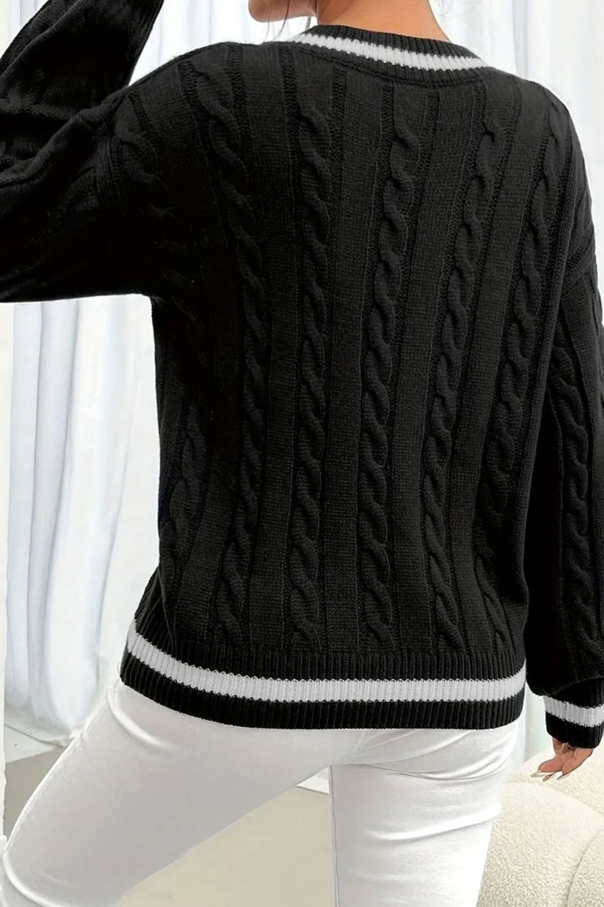 Women’s V-Neck Sweater Striped Trim Classic Style