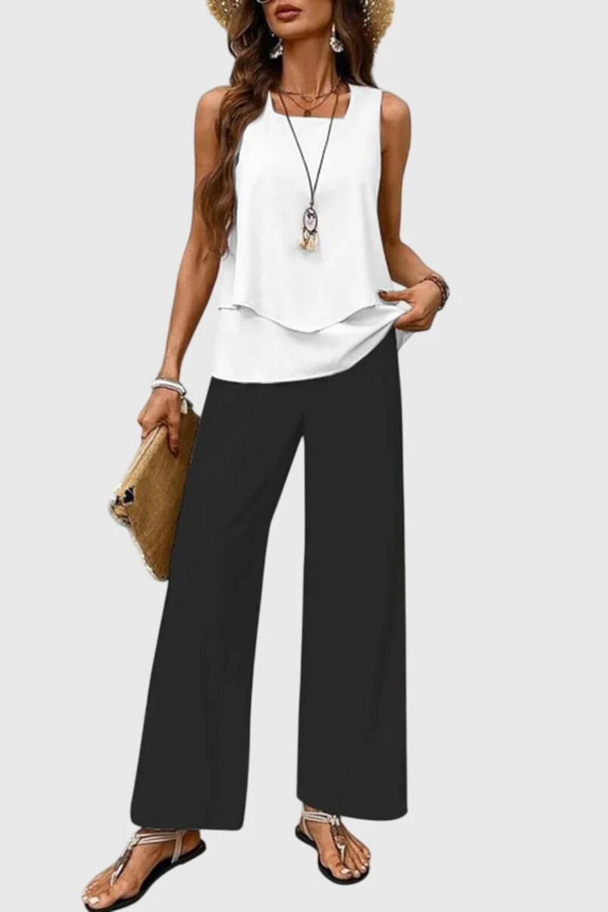Sleeveless Top Pants Set Botanical Print Casual Style