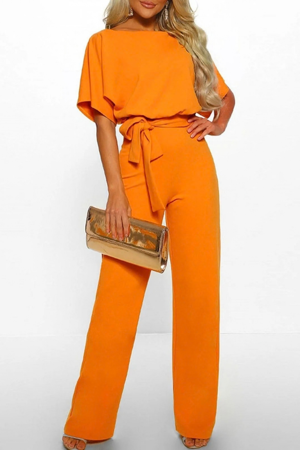 Women’s Boat Neck Jumpsuit Belted Waist Chic Style
