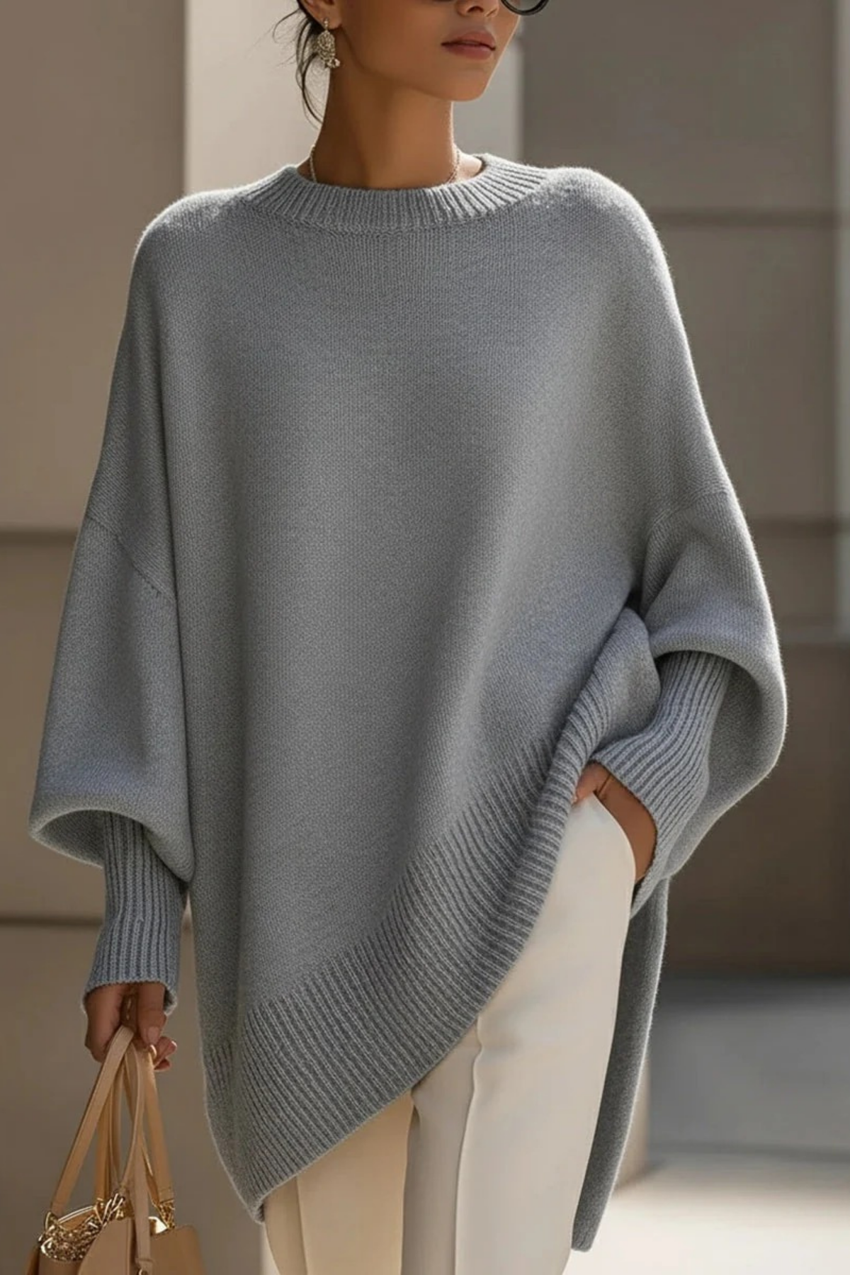 Oversized Knit Sweater Asymmetric Hem Elegant Style