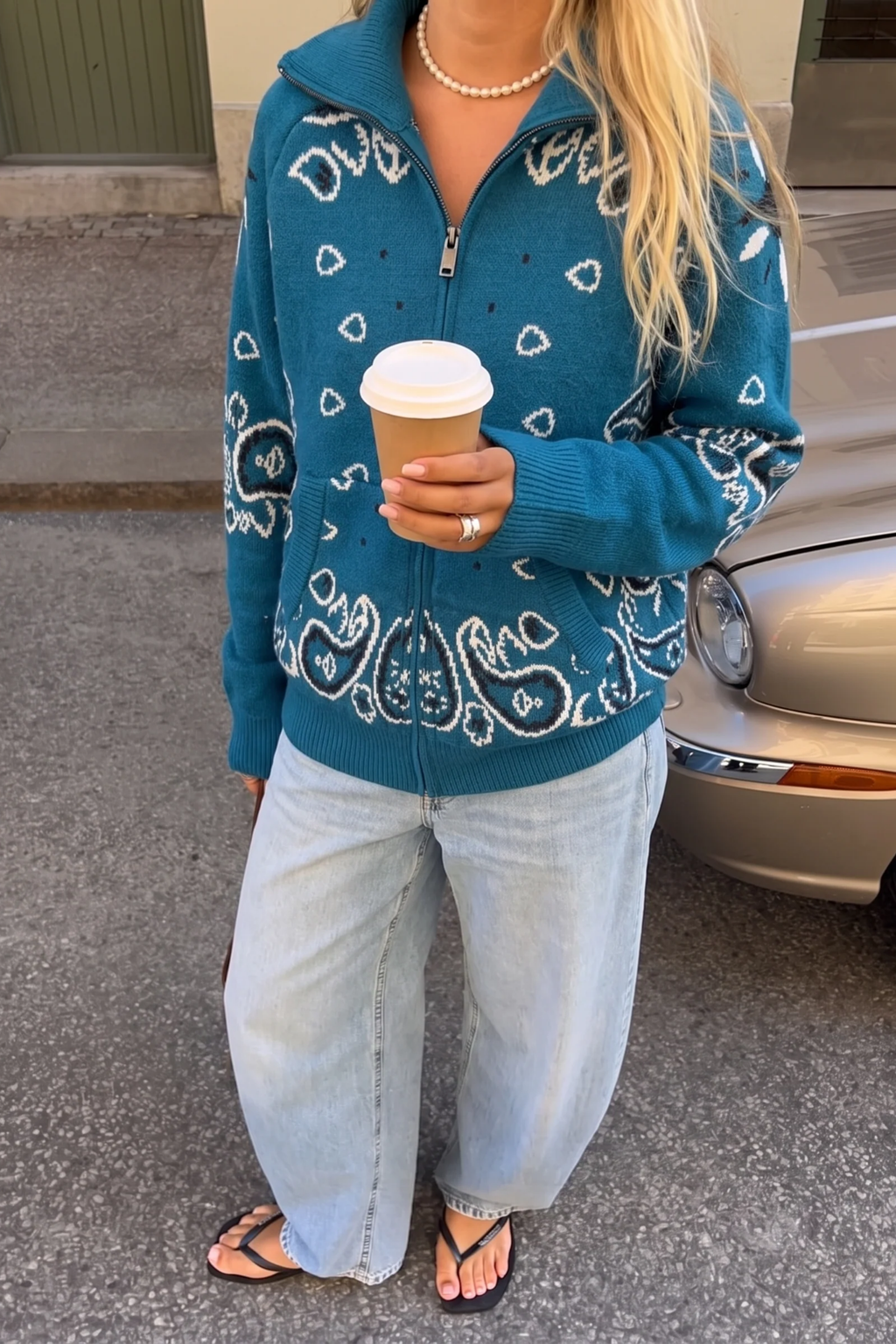 Zip Up Sweater High Neck Paisley Casual Style