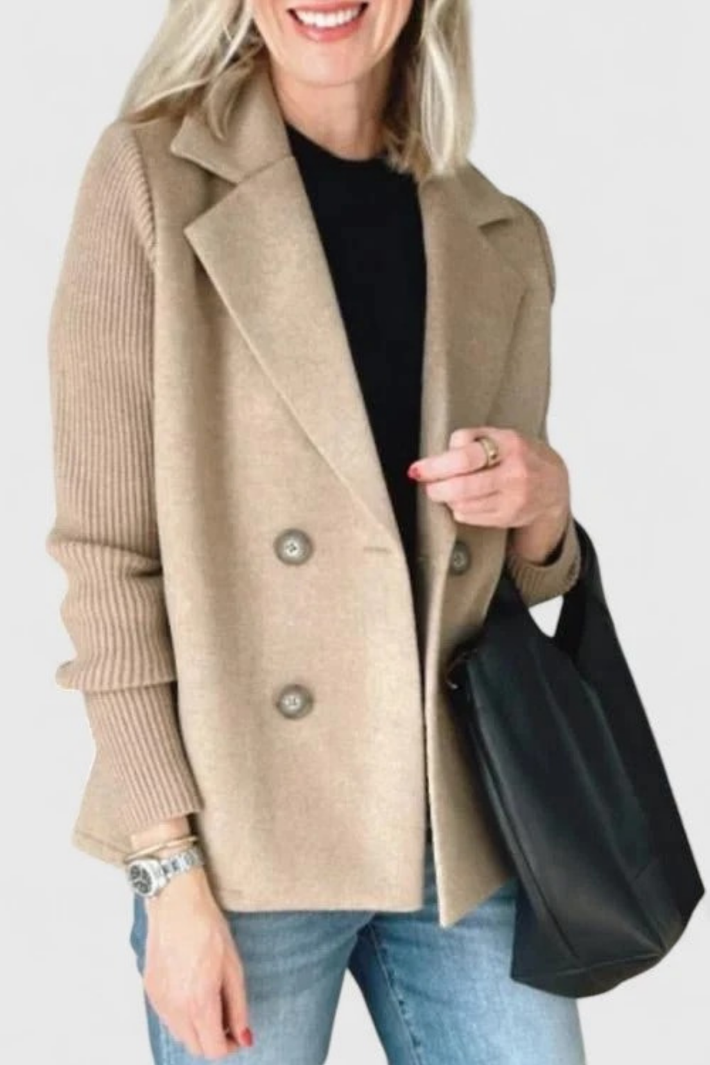 Double Breasted Blazer Knit Sleeve Elegant Style