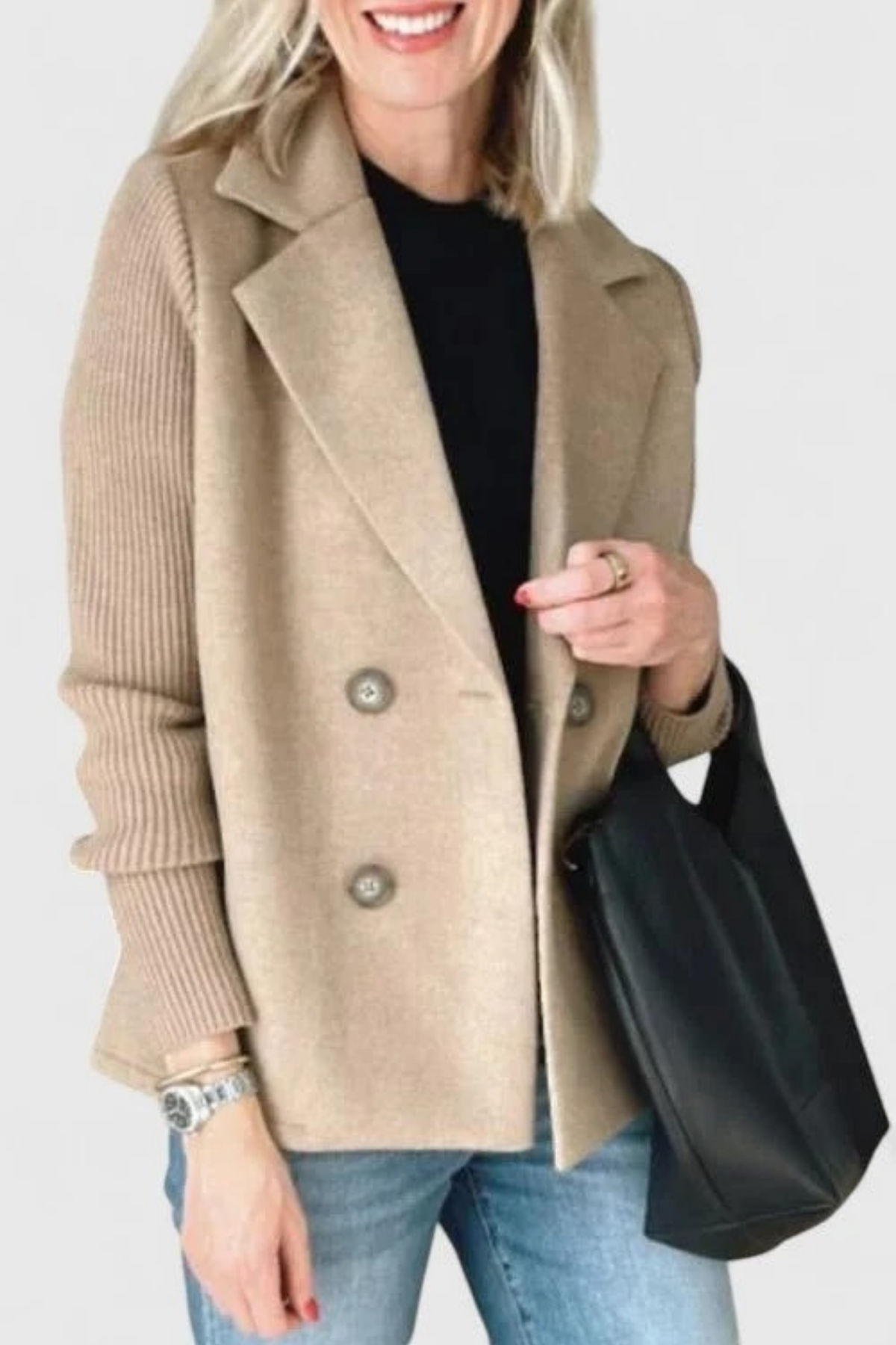 Double Breasted Blazer Knit Sleeve Elegant Style