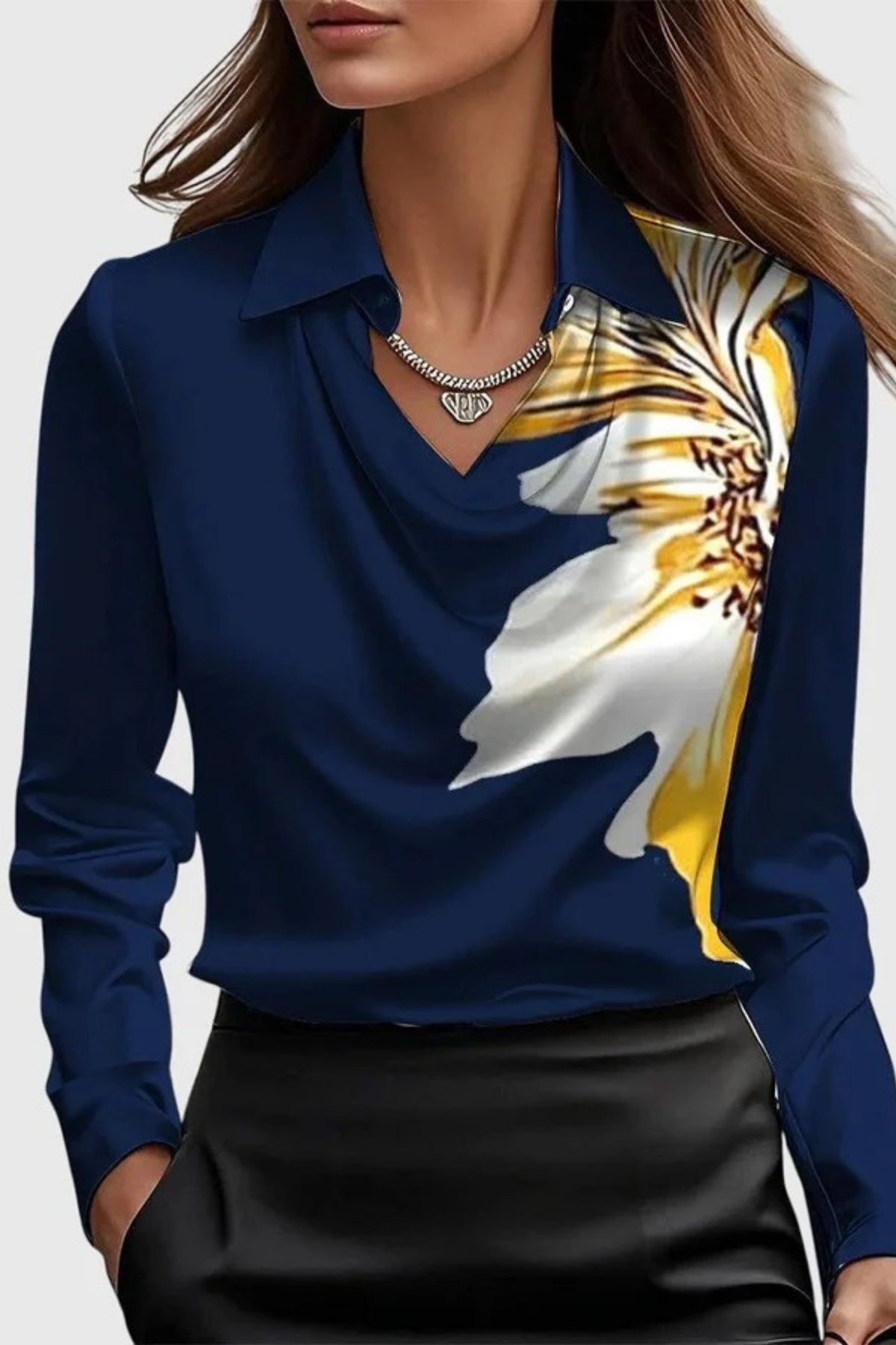 Collared Blouse Draped Front Refined Style