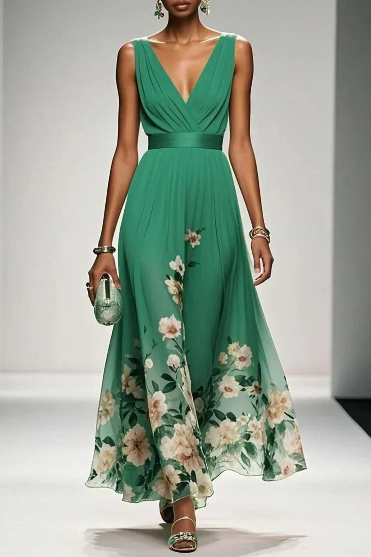 Maxi Wedding Guest Dress Floral V-Neck Elegant Style